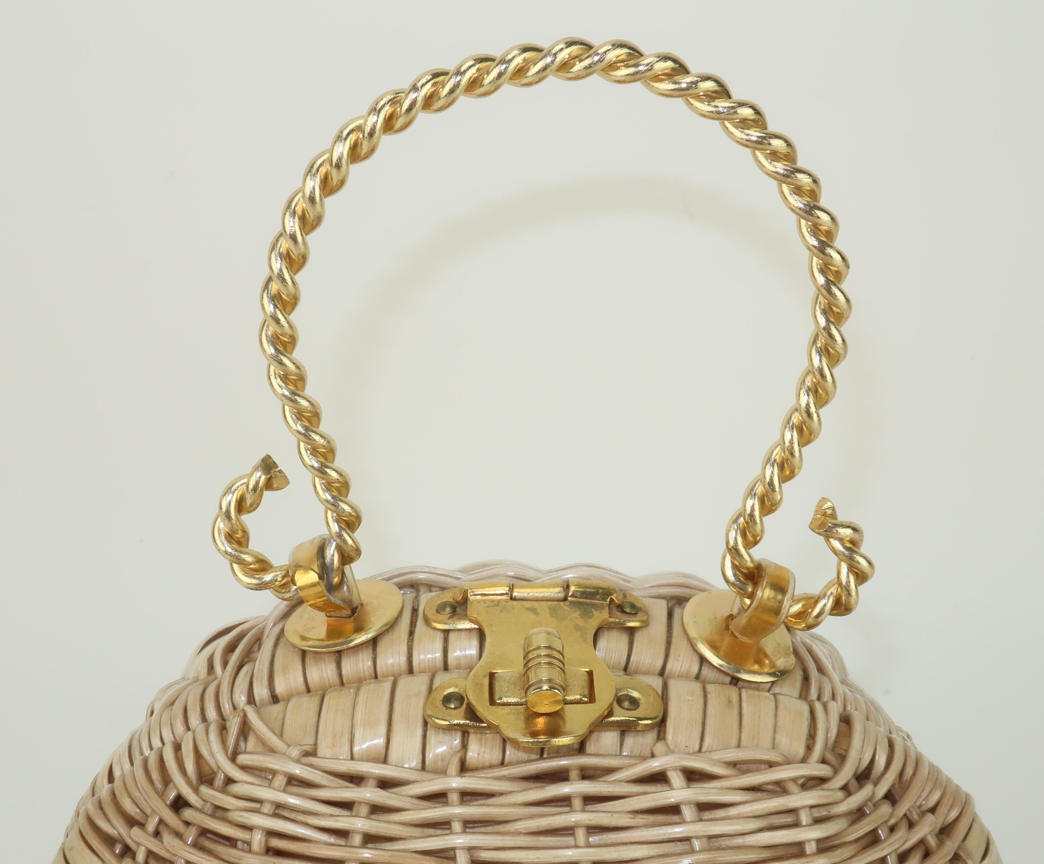 Wicker Ball Shaped Handbag With Gold Handle, 1960's 1