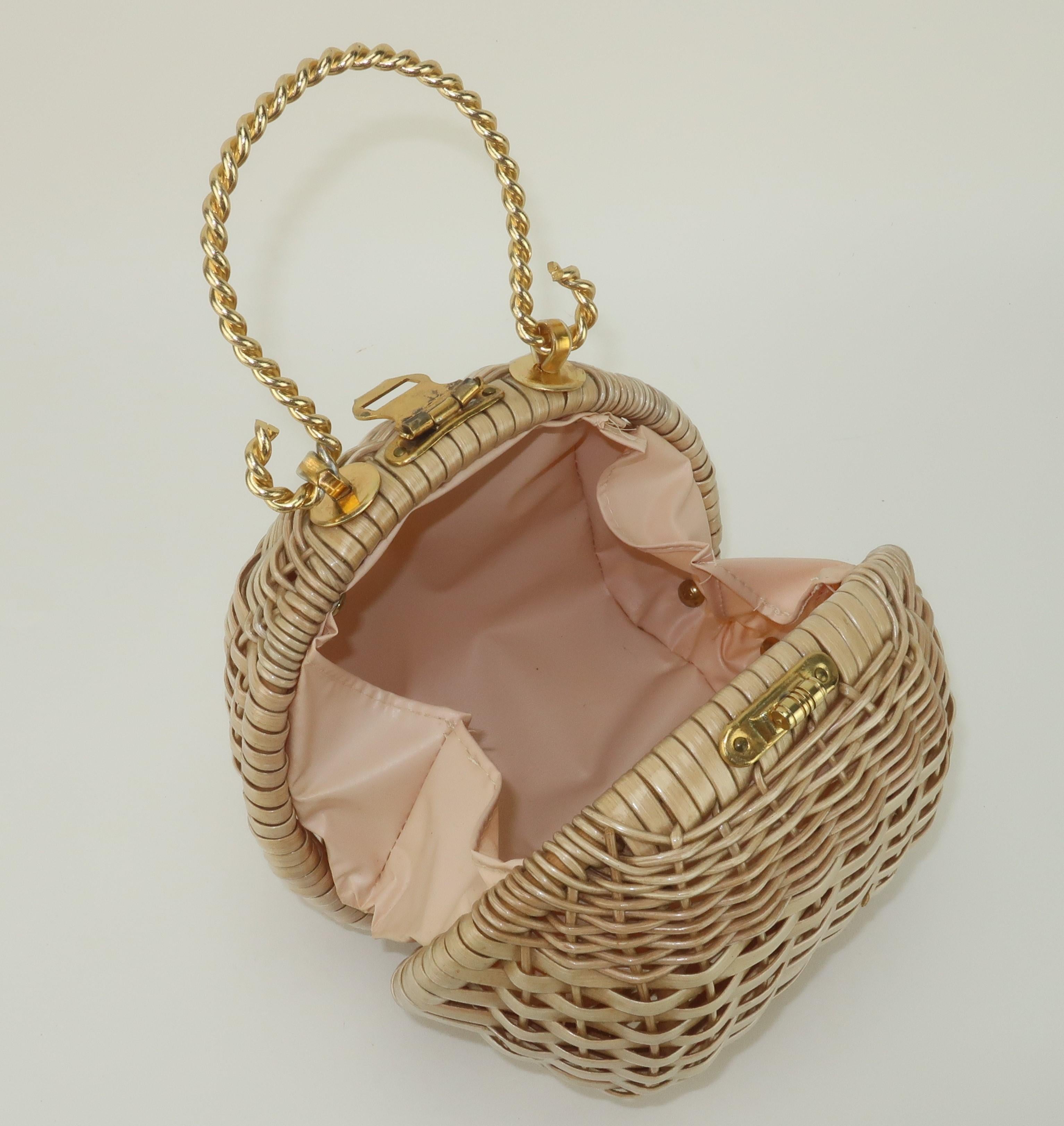 Wicker Ball Shaped Handbag With Gold Handle, 1960's For Sale 2