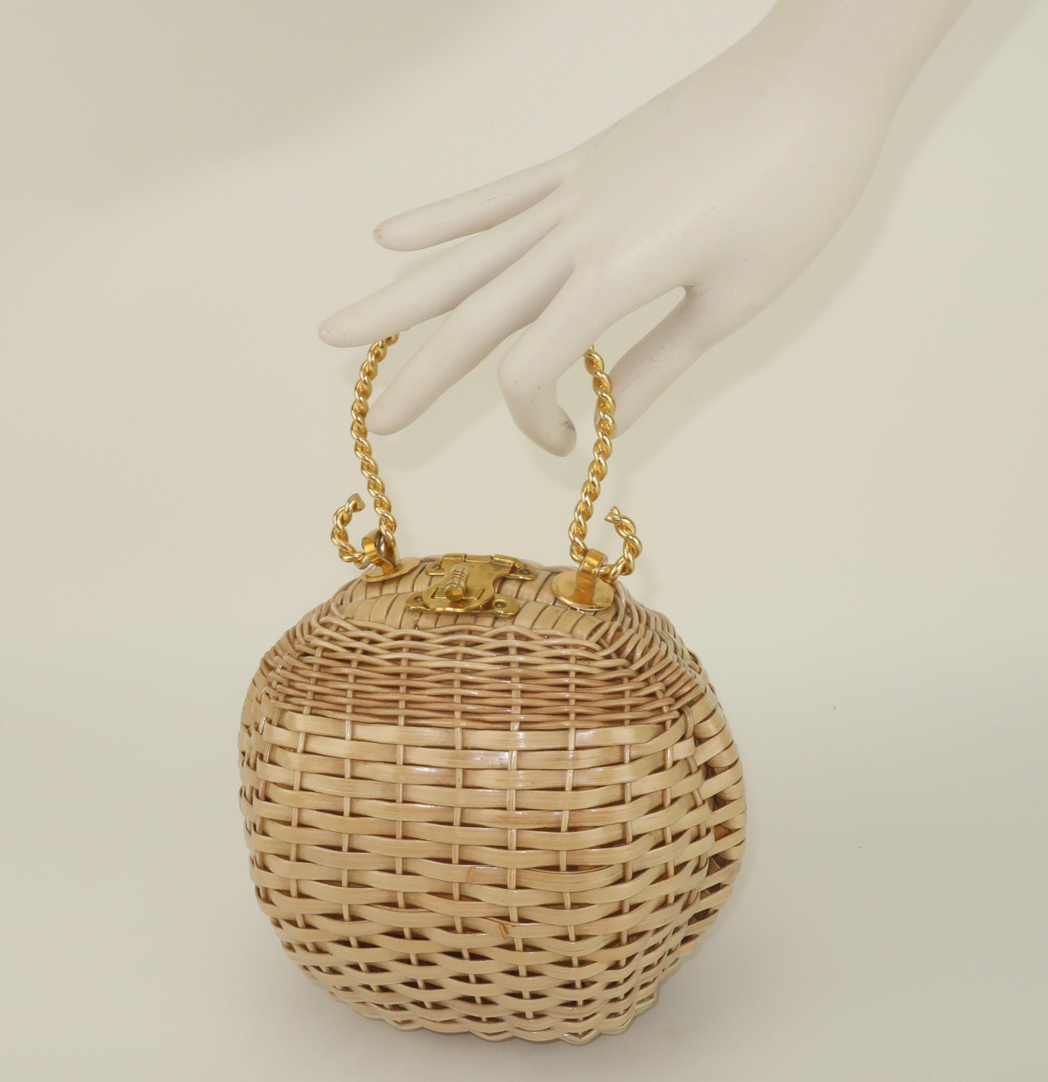 Wicker Ball Shaped Handbag With Gold Handle, 1960's 5