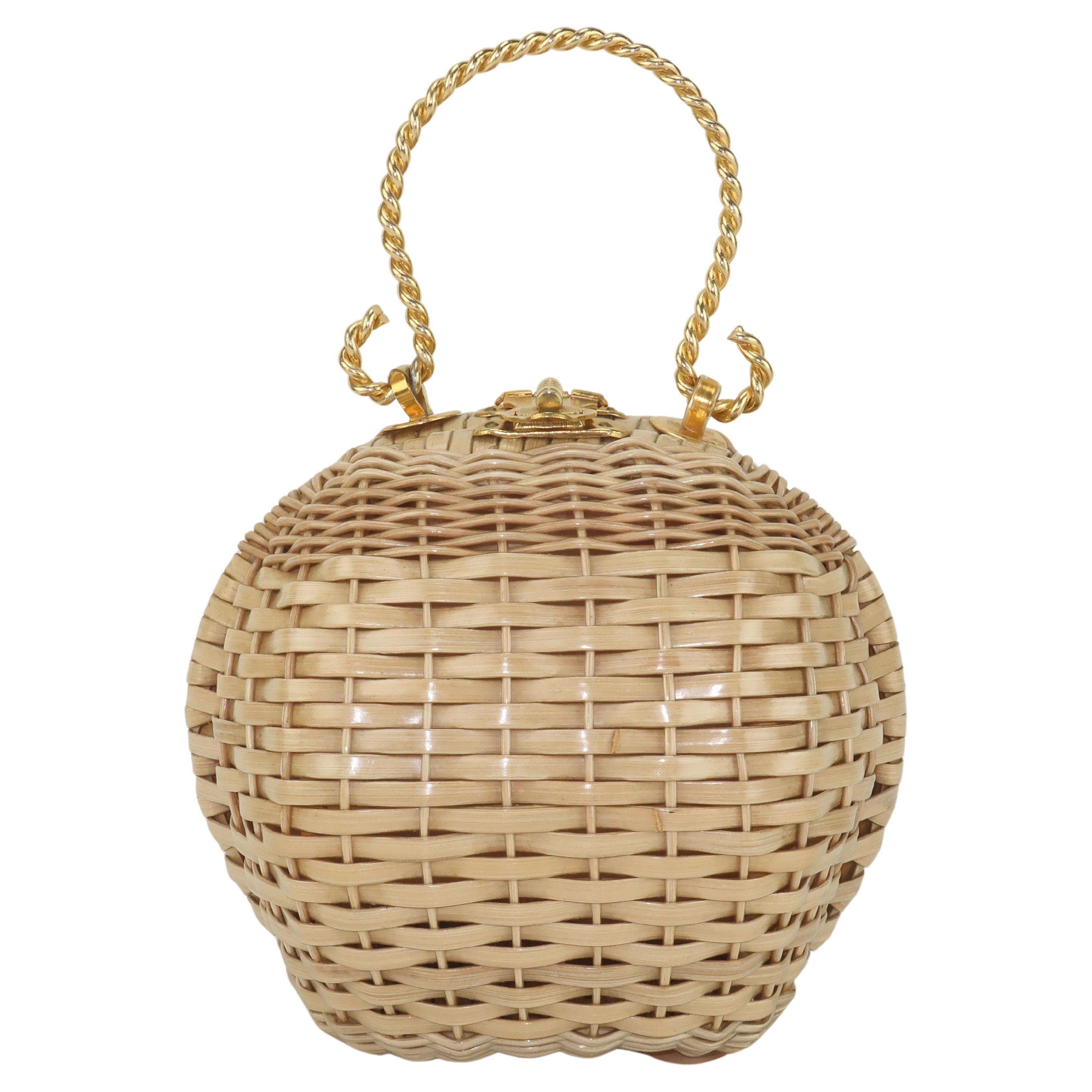 Wicker Ball Shaped Handbag With Gold Handle, 1960's For Sale