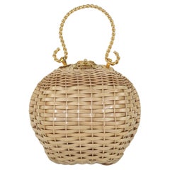 Vintage Wicker Ball Shaped Handbag With Gold Handle, 1960's