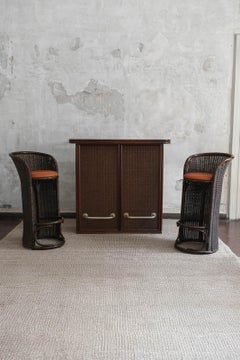 Wicker & Bamboo Bar Cabinet with Leather Stools, Italy, 1970s