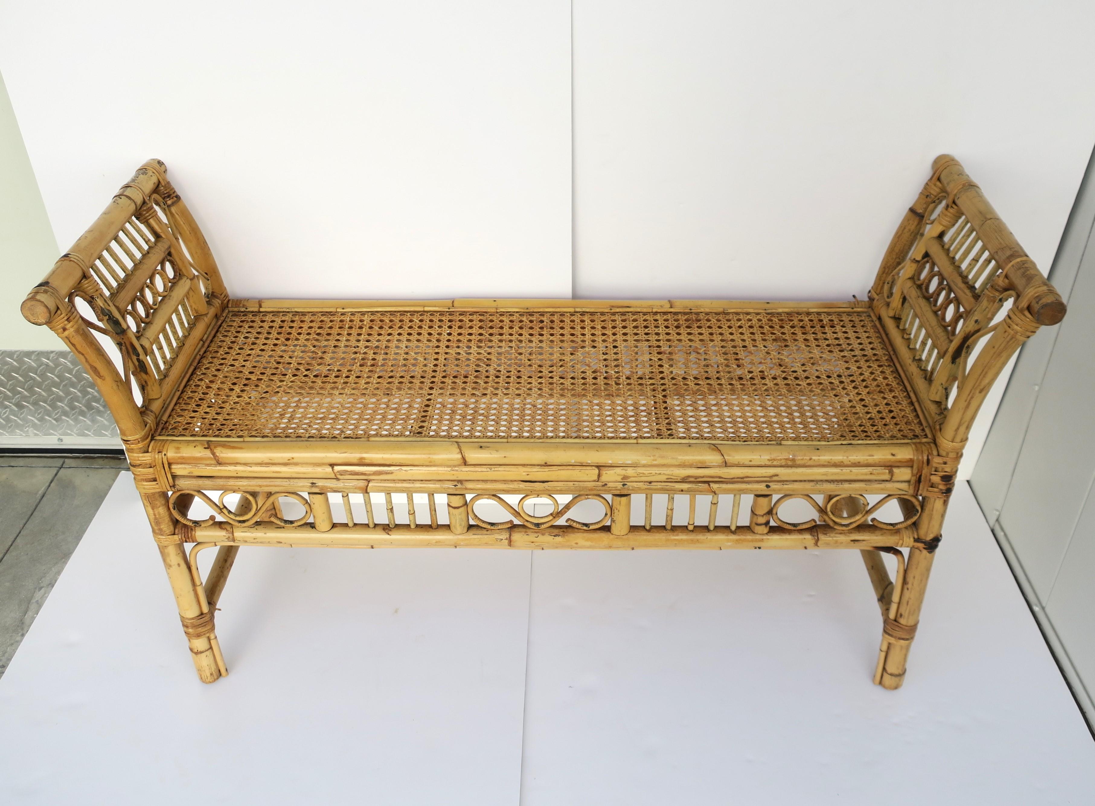 Chinoiserie Wicker Bench Bamboo Cane Indoors or Patio Porch