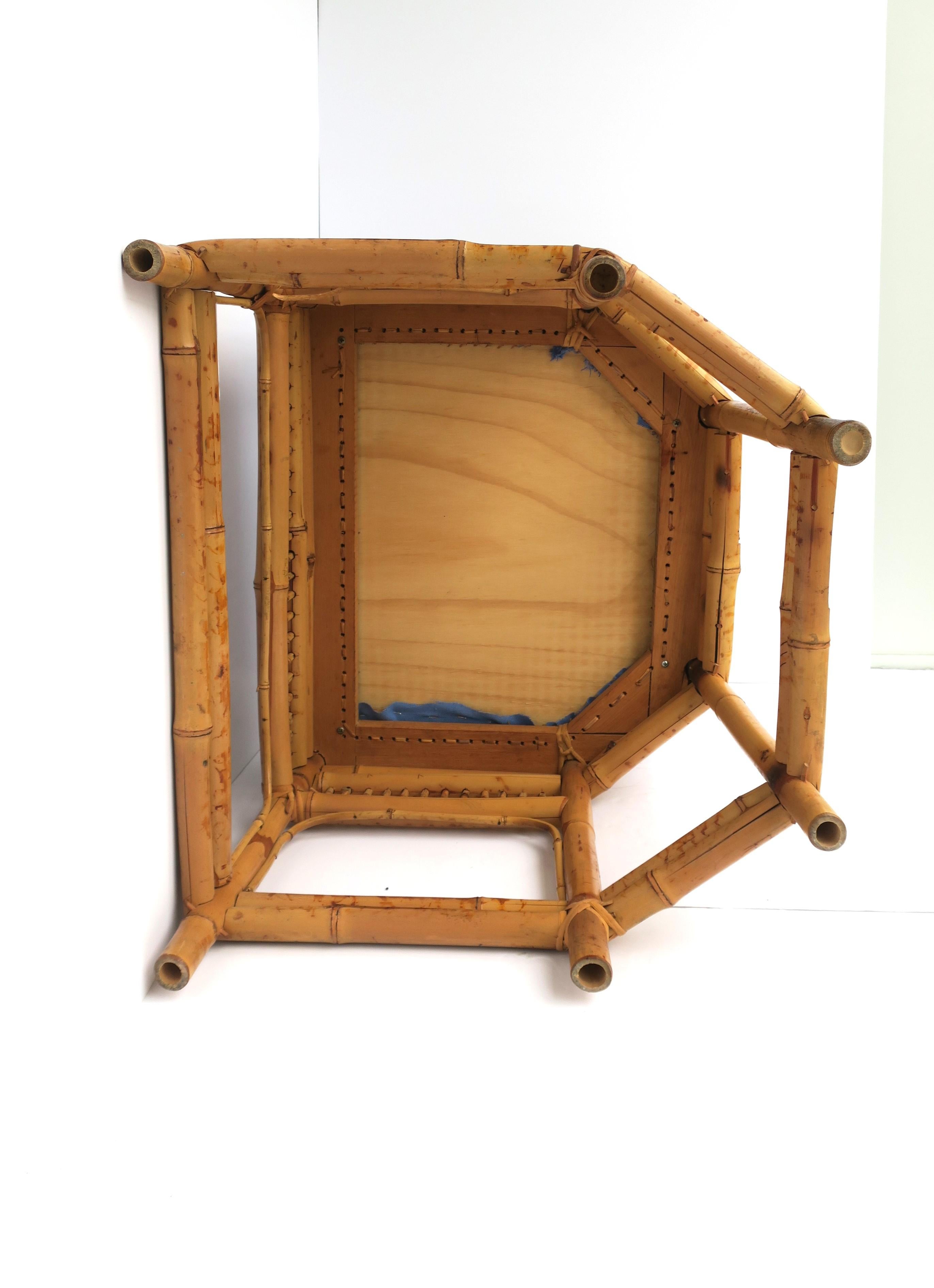 Wicker Bamboo Chair Blue Upholstered Seat Chinoiserie Style For Sale 5