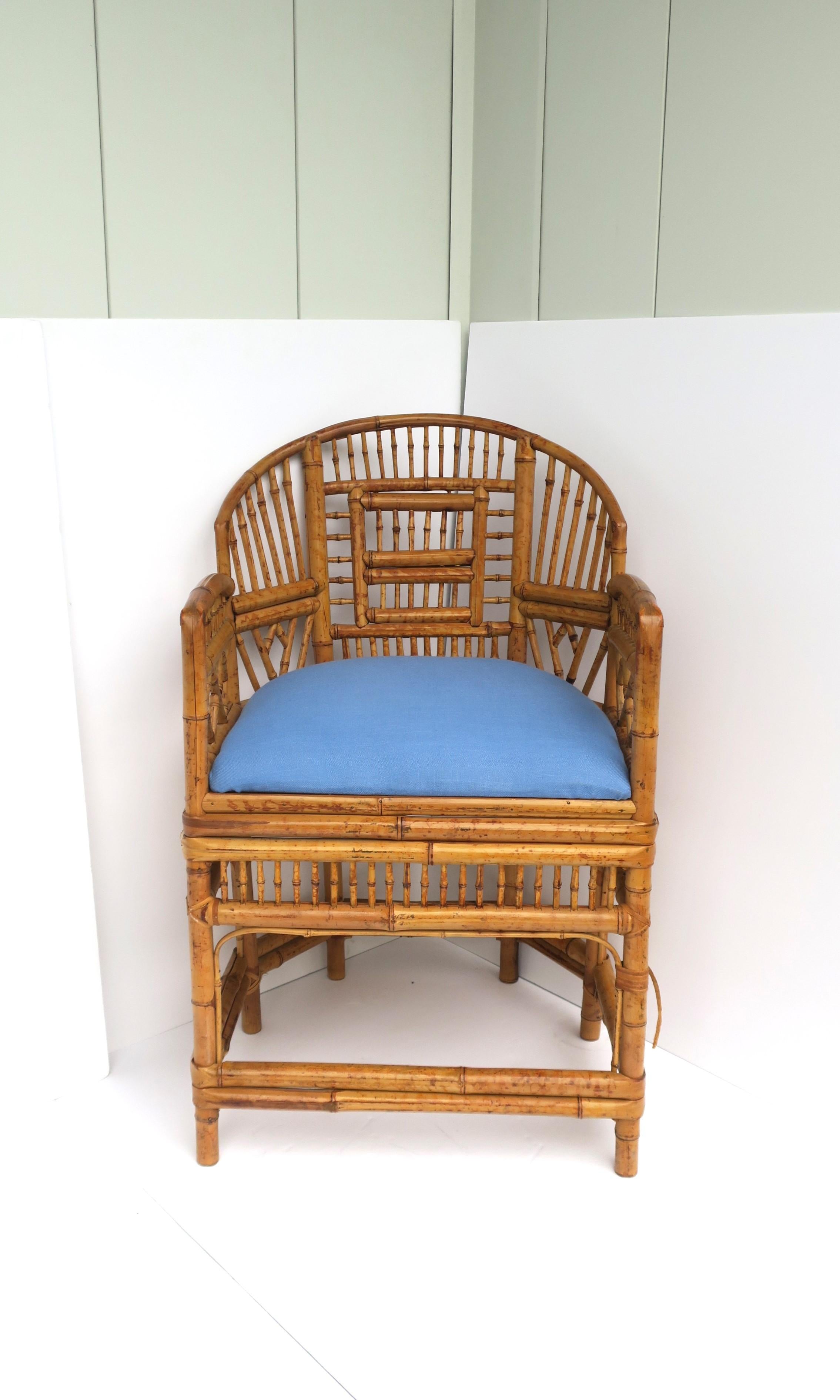 20th Century Wicker Bamboo Chair with Blue Upholstered Seat in the Chinoiserie Style For Sale