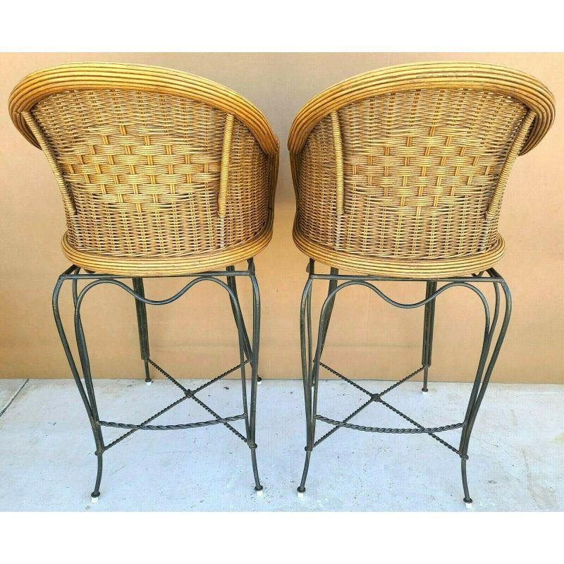 Mid-Century Modern Wicker Bamboo Swivel Barstools - a Pair For Sale