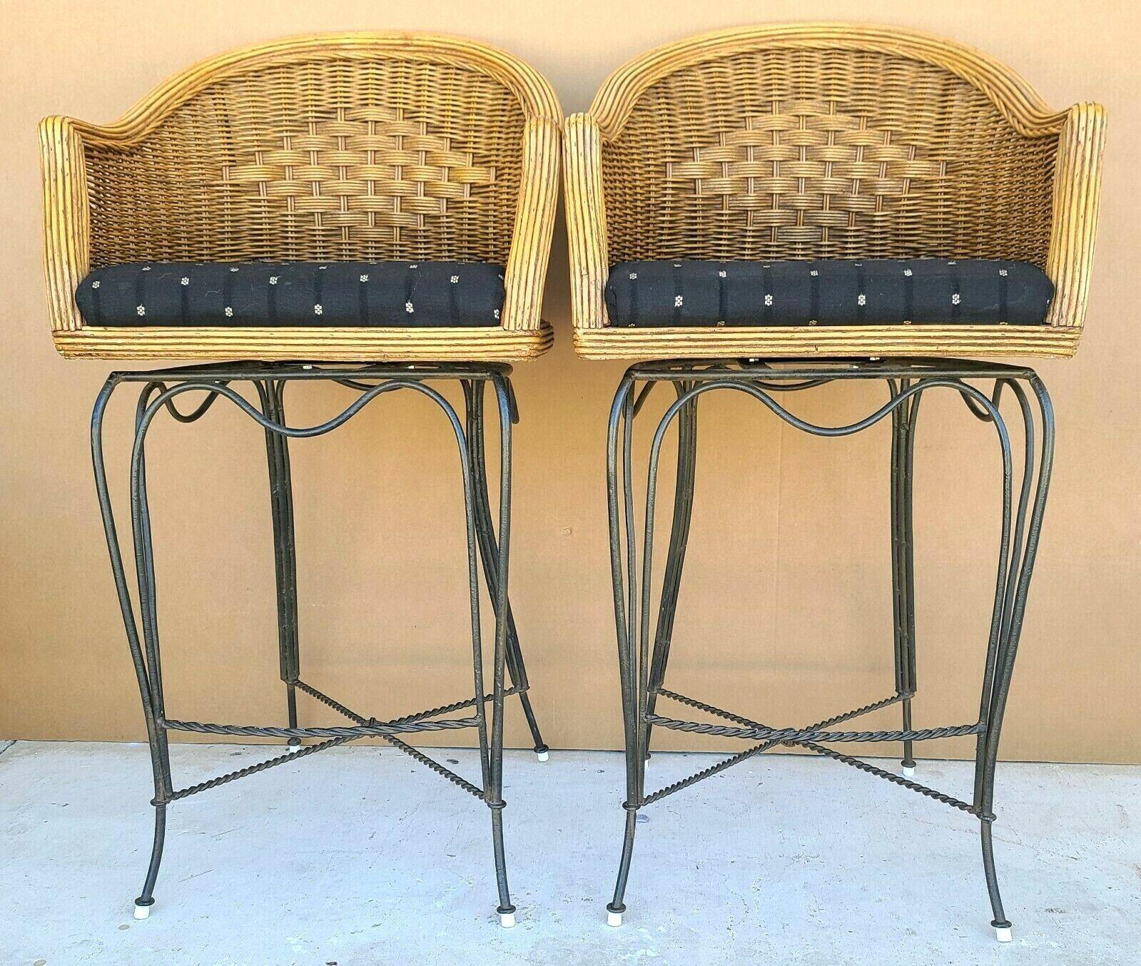 Unknown Wicker Bamboo Swivel Barstools - a Pair For Sale
