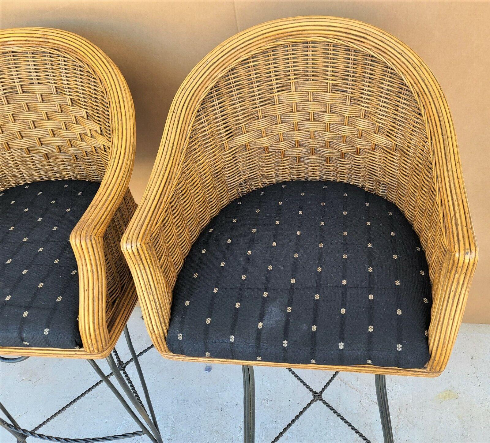 Late 20th Century Wicker Bamboo Swivel Barstools - a Pair For Sale