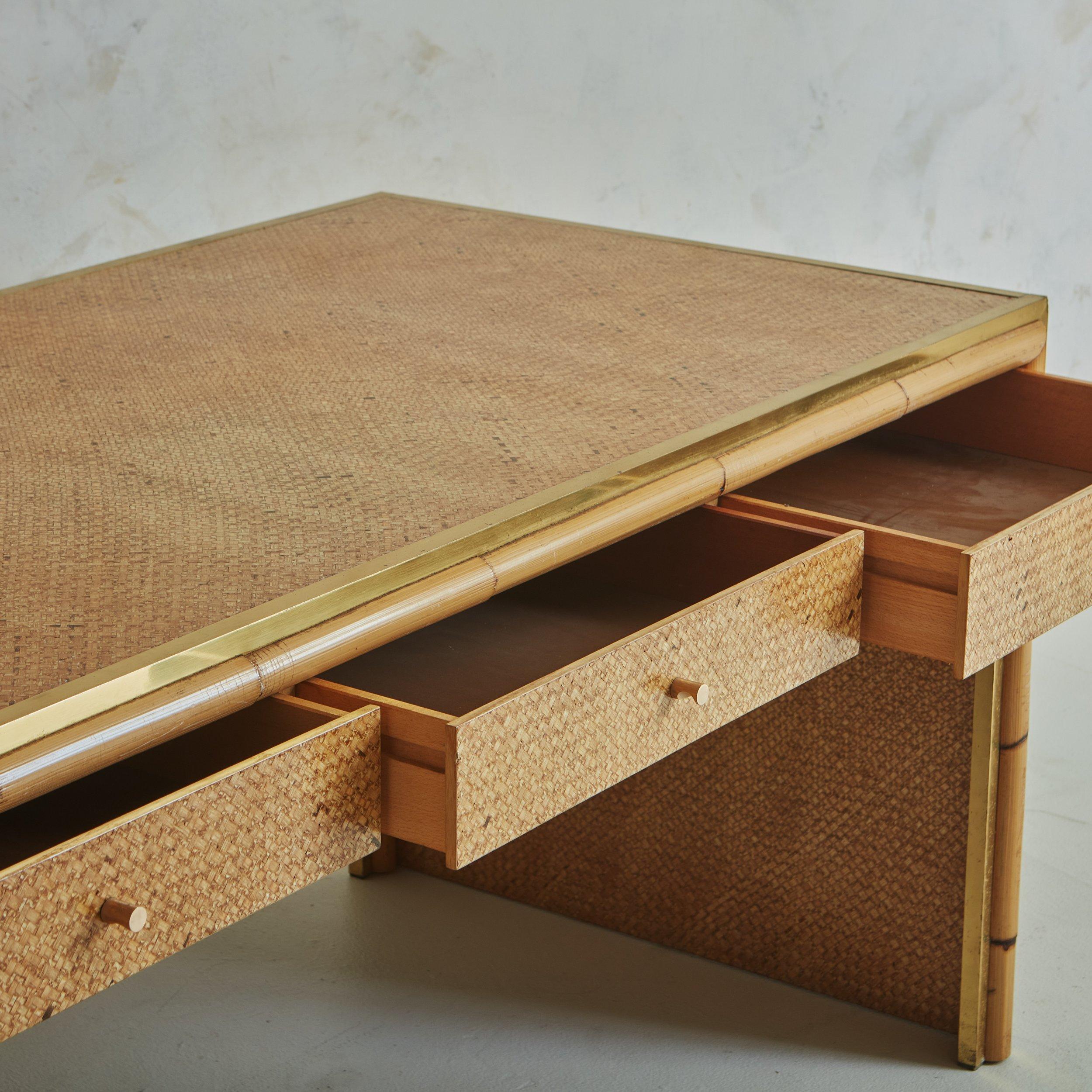 Wicker + Bamboo Writing Desk with Brass Trim, Italy 20th Century For Sale 2