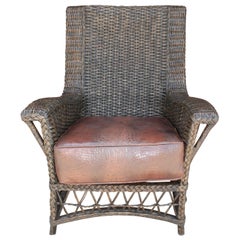 Antique Wicker Bar Harbor Lounge Chair with Leather Seat