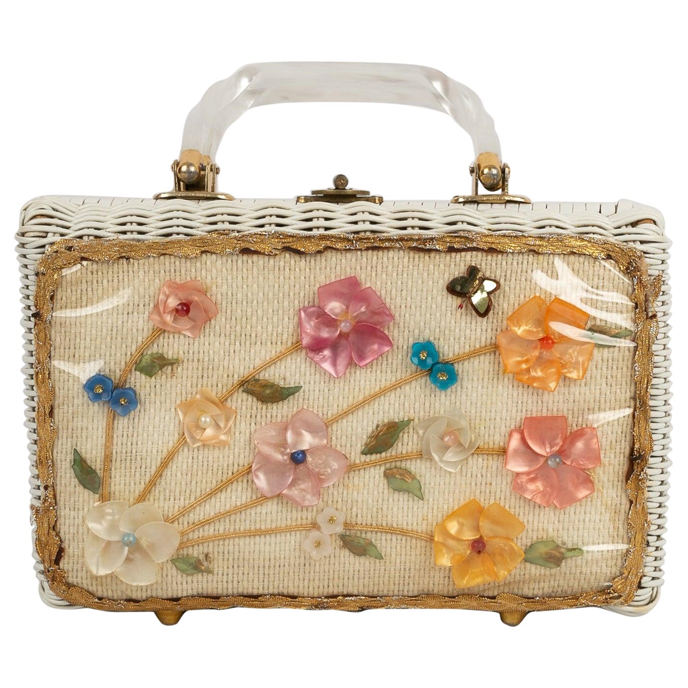 Bolso Floral de Cesta de Mimbre, años 60