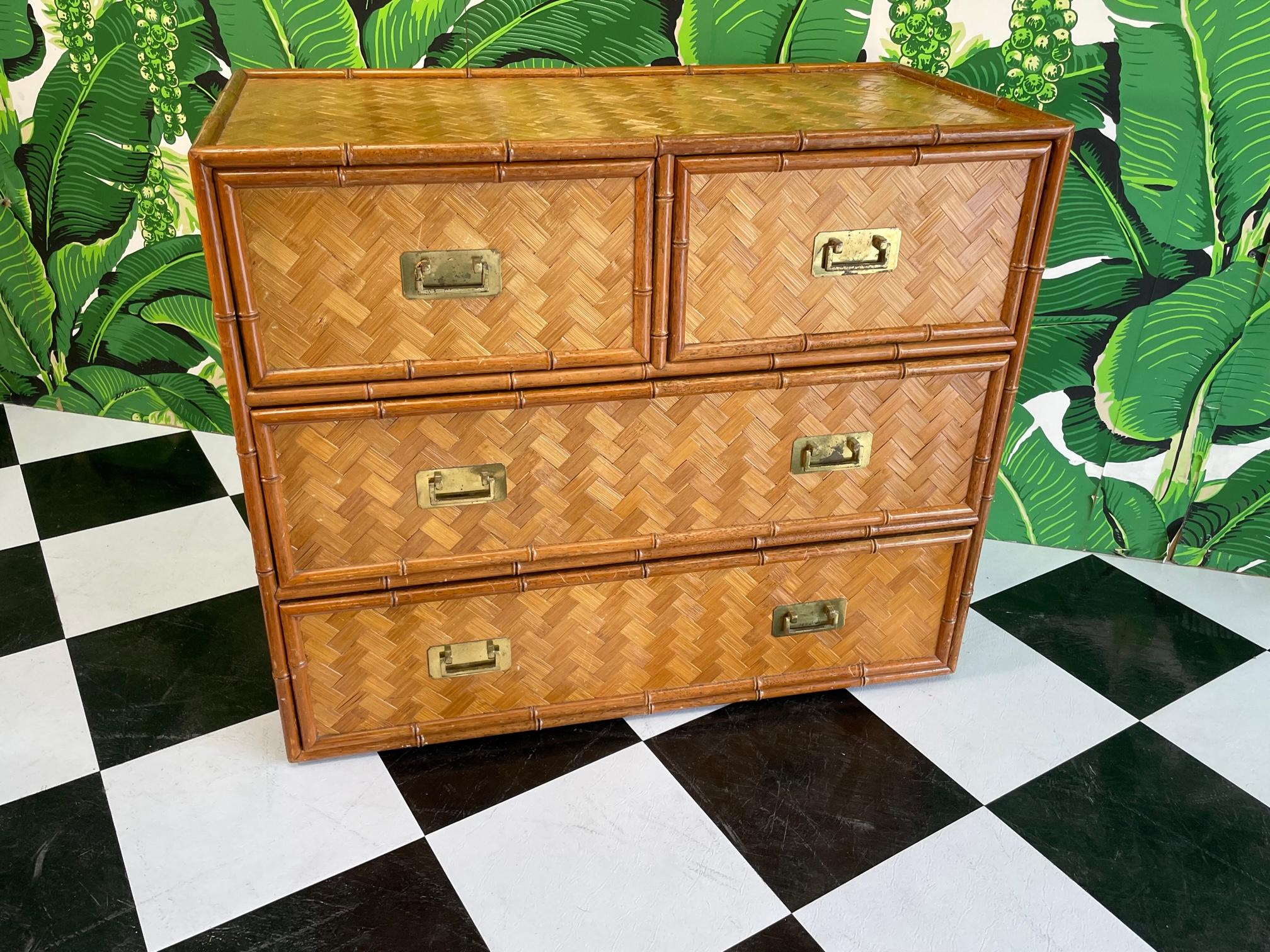 Faux bamboo four drawer dresser with full basketweave cane veneer. Brass campaign style hardware. Good vintage condition with imperfections consistent with age, see photos for condition details.
For a shipping quote to your exact zip code, please