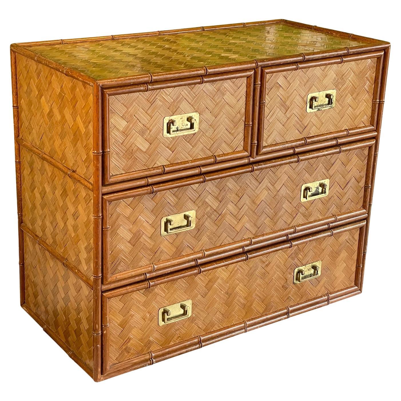 Wicker Basketweave and Faux Bamboo 4-Drawer Dresser For Sale