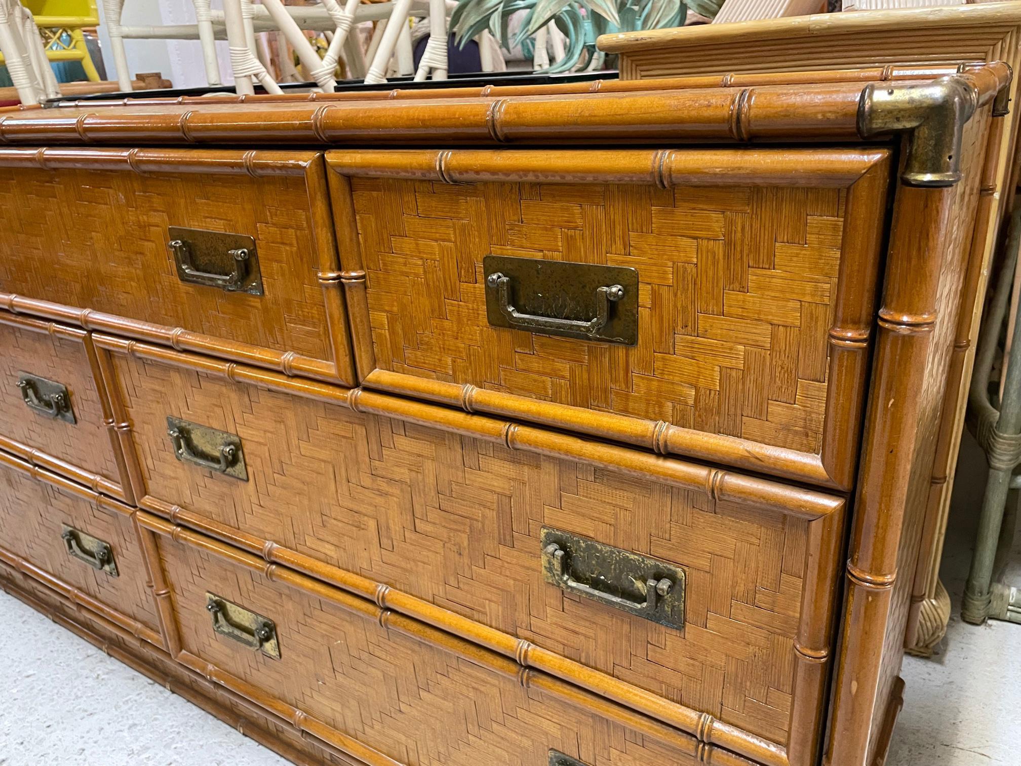 Brass Wicker Basketweave and Faux Bamboo Campaign 7 Drawer Dresser