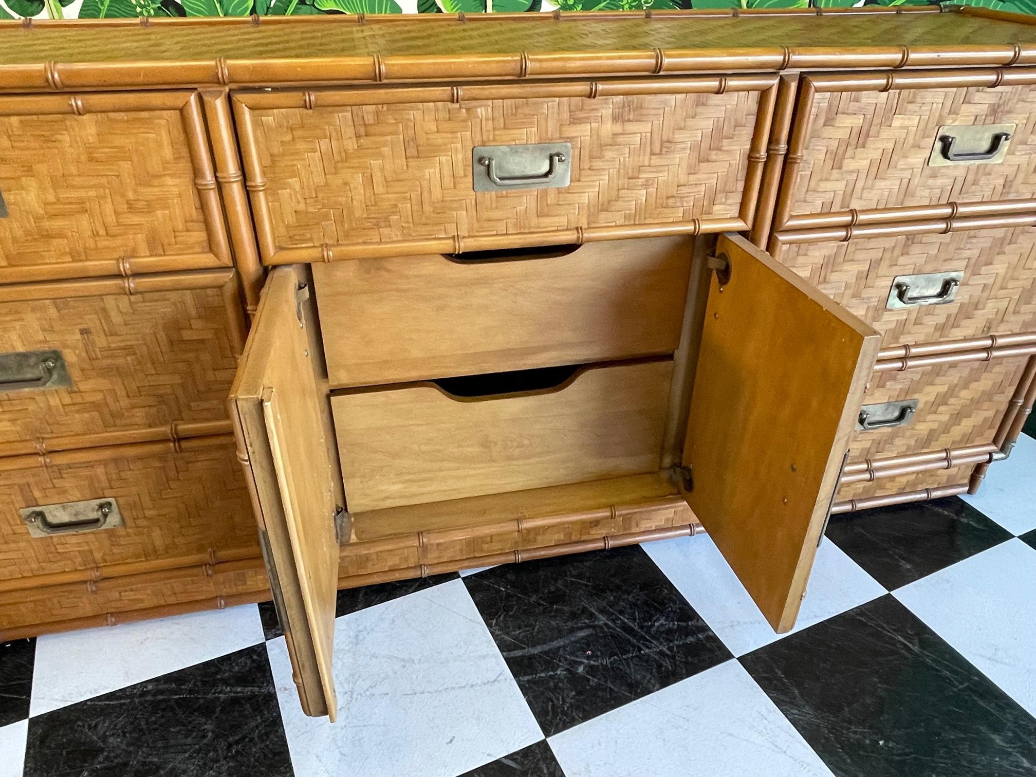 Wicker Basketweave and Faux Bamboo Campaign 9 Drawer Dresser In Good Condition In Jacksonville, FL