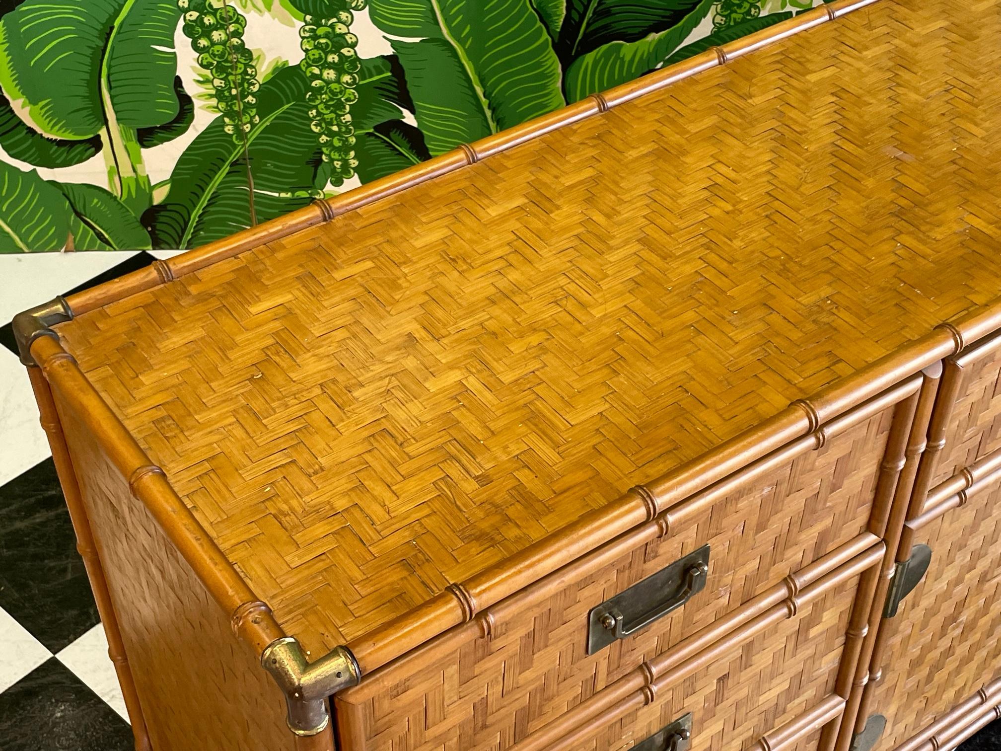 Brass Wicker Basketweave and Faux Bamboo Campaign 9 Drawer Dresser
