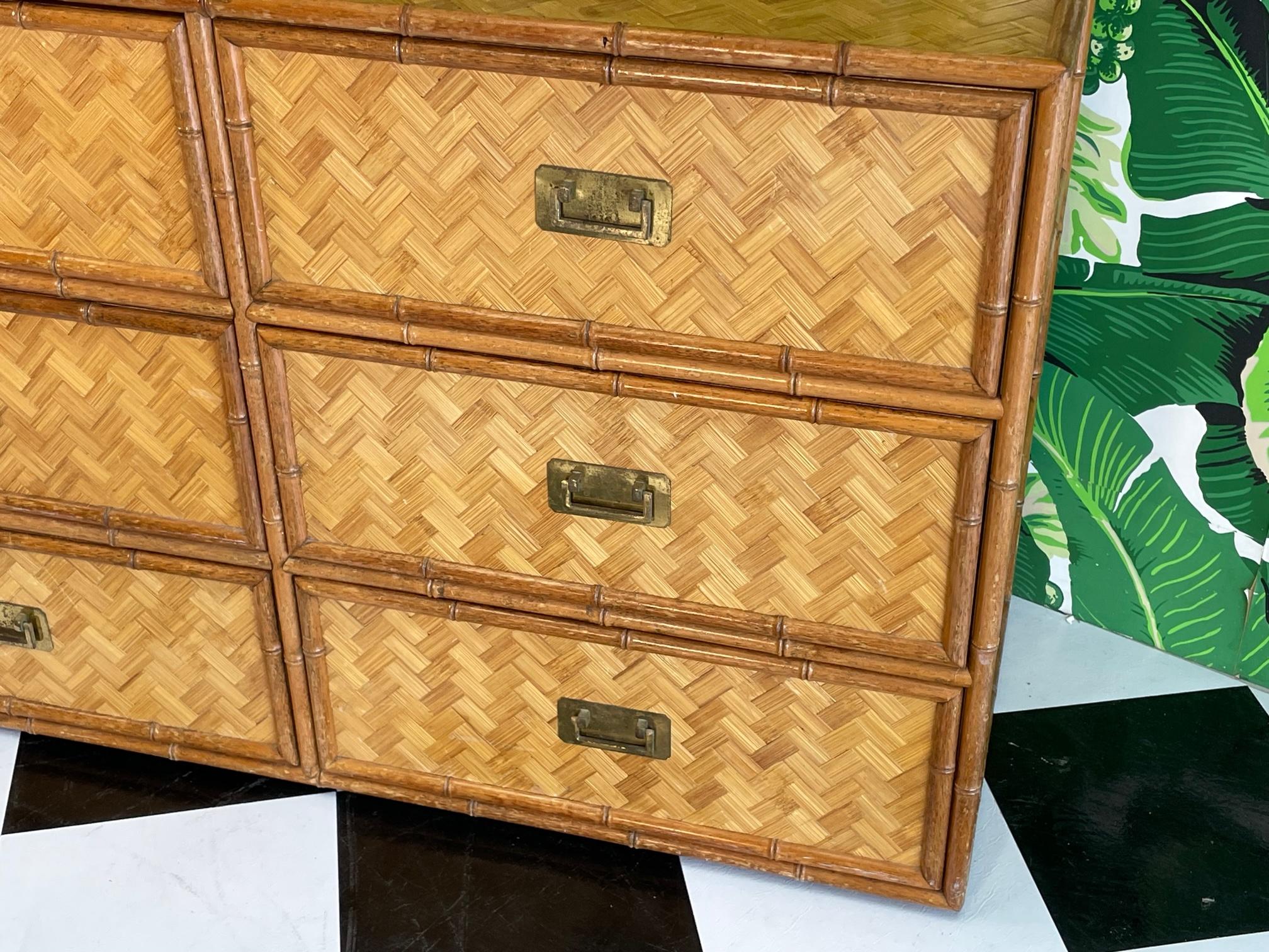 Organic Modern Wicker Basketweave and Faux Bamboo Double Dresser