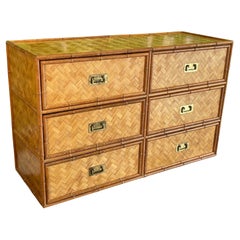 Retro Wicker Basketweave and Faux Bamboo Double Dresser