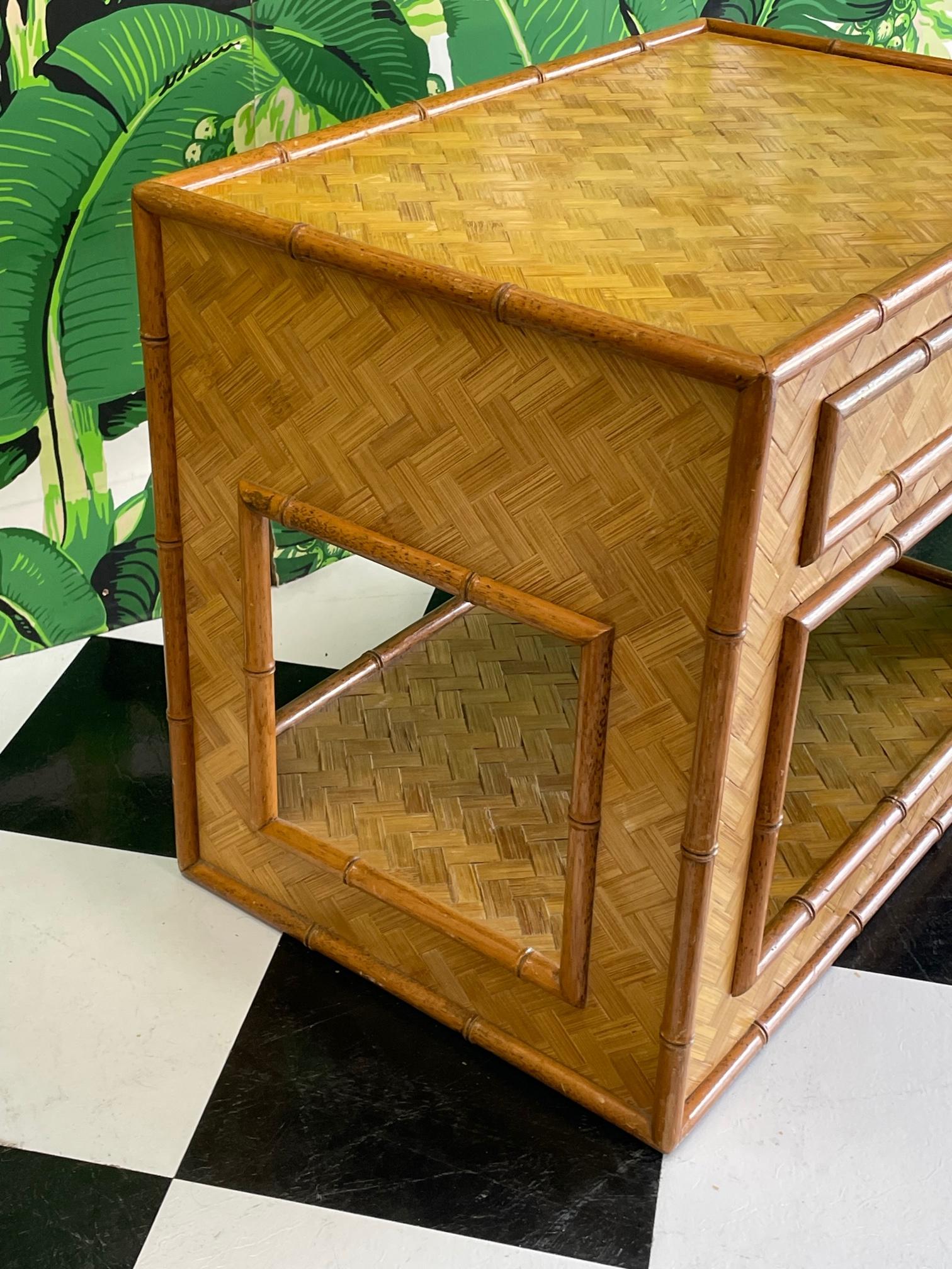 20th Century Wicker Basketweave and Faux Bamboo Nightstand For Sale