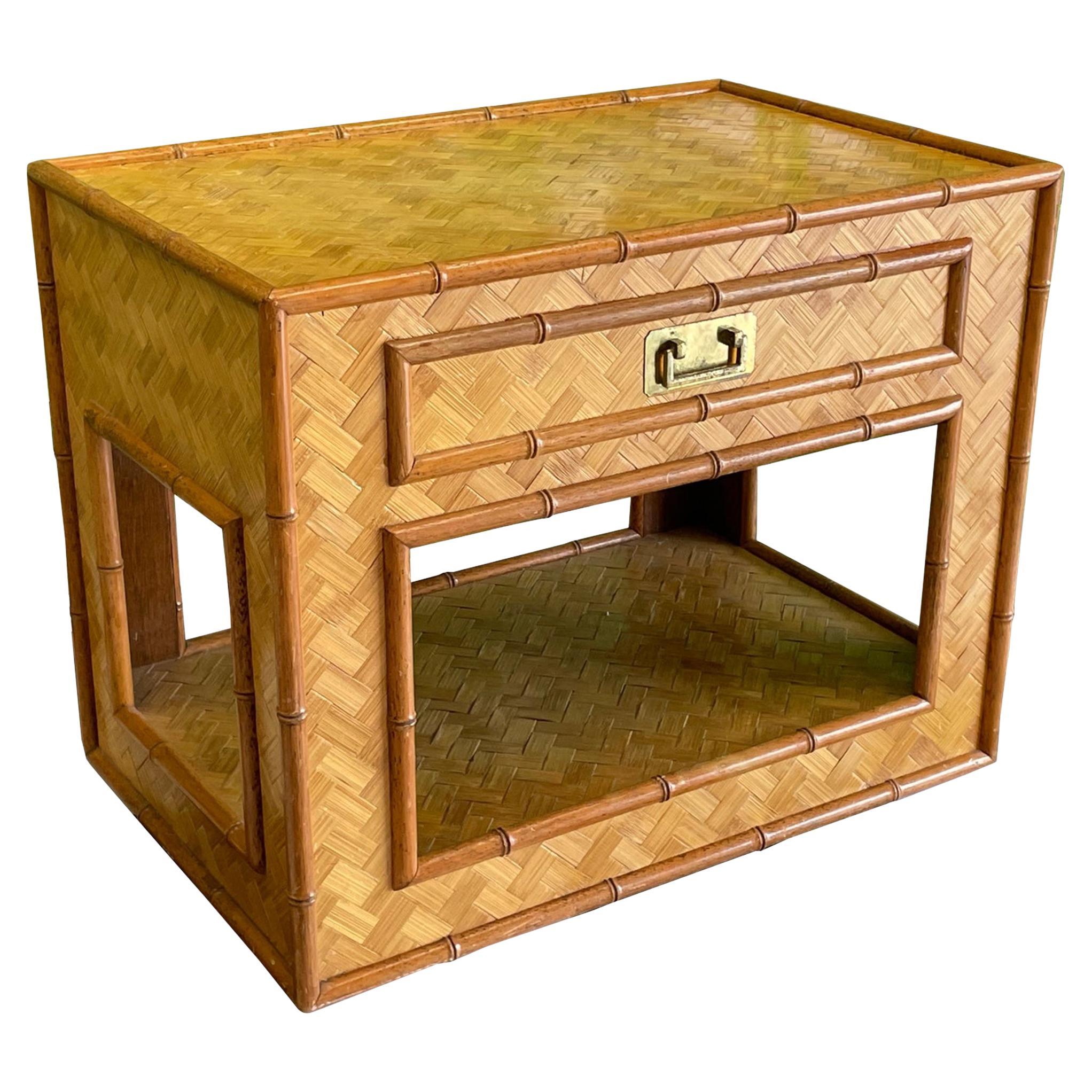 Wicker Basketweave and Faux Bamboo Nightstand For Sale