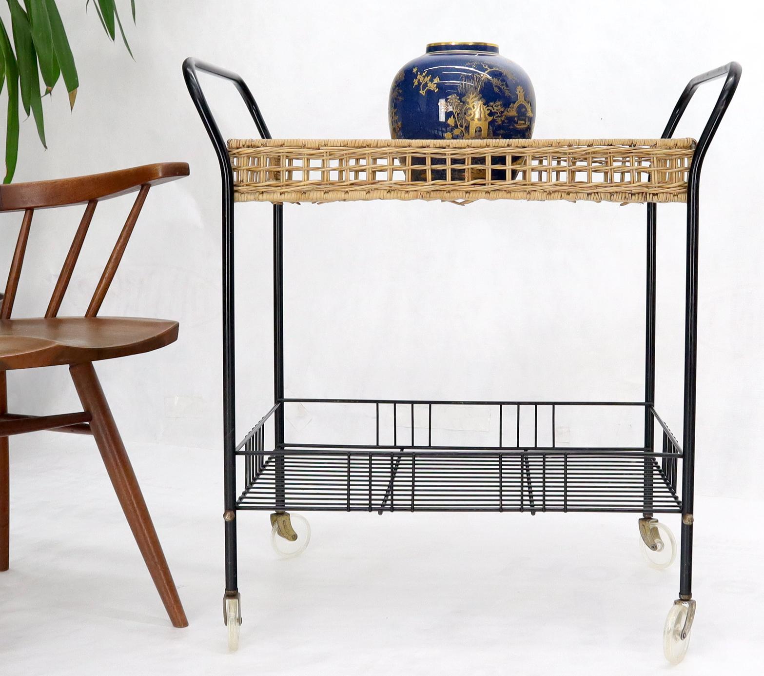 American Wicker & Bent Steel Mid-Century Modern Serving Cart Side Table on Wheels For Sale