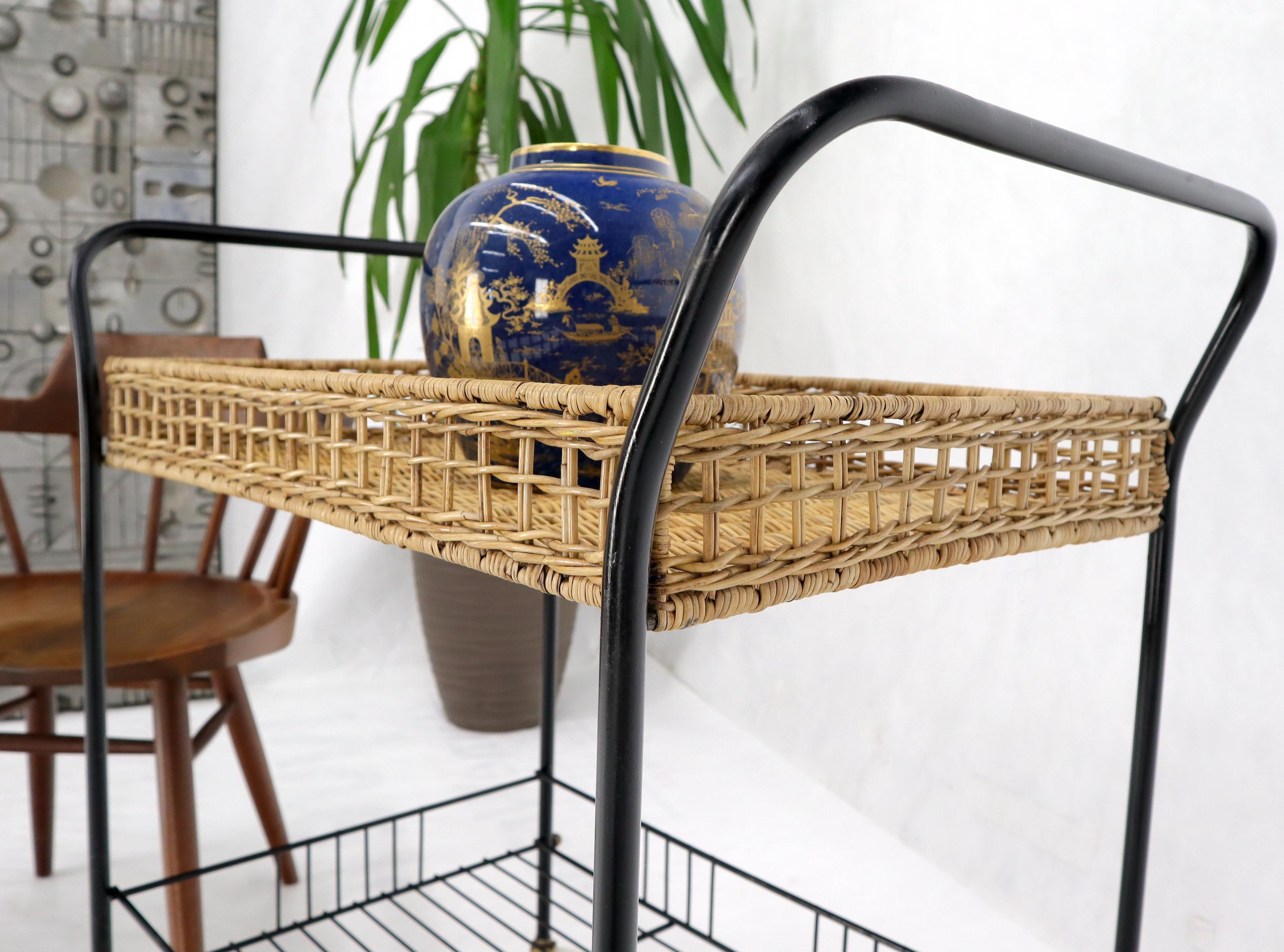 20th Century Wicker & Bent Steel Mid-Century Modern Serving Cart Side Table on Wheels For Sale