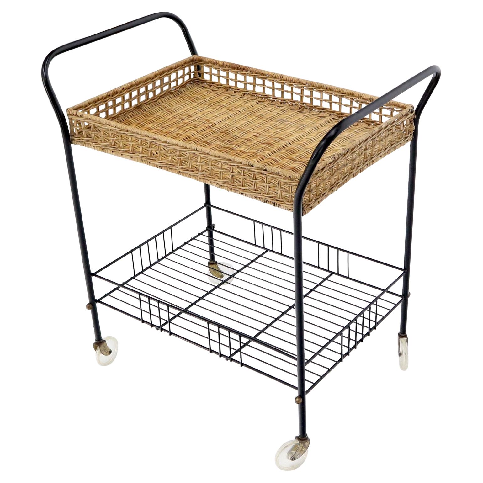 Wicker & Bent Steel Mid-Century Modern Serving Cart Side Table on Wheels For Sale