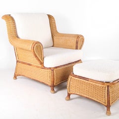 Fauteuil bergère et repose-pieds en osier
