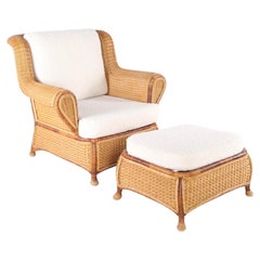 Fauteuil bergère et repose-pieds en osier