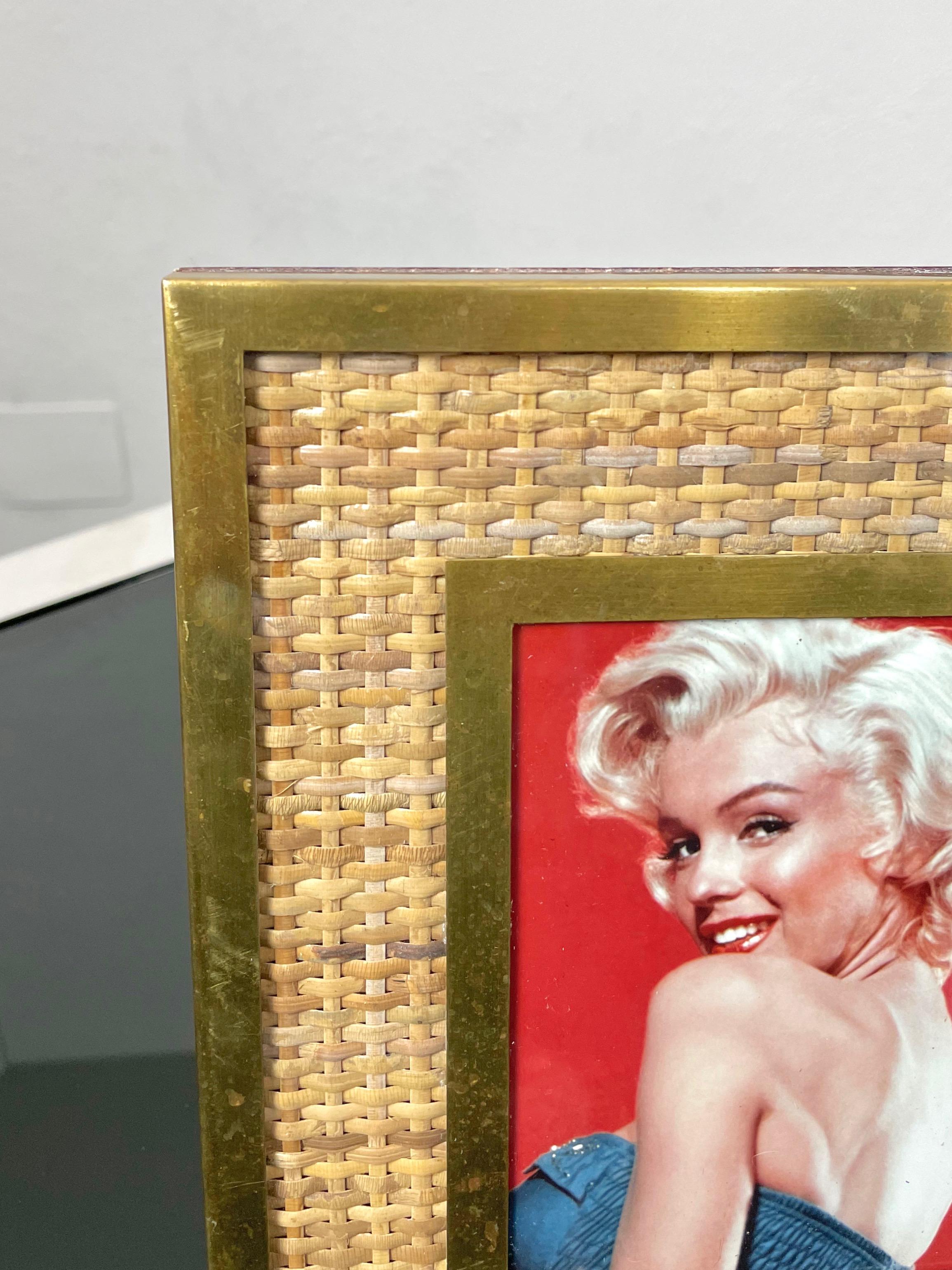 Mid-20th Century Wicker, Brass and Glass Rectangular Picture Frame, Italy, 1960s For Sale