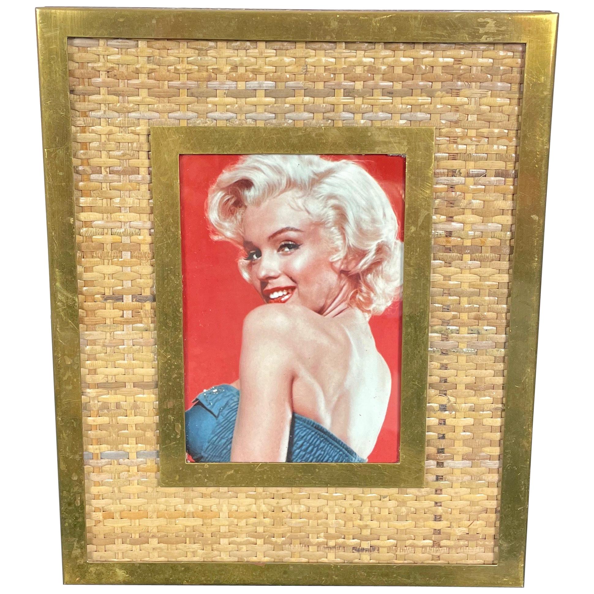 Wicker, Brass and Glass Rectangular Picture Frame, Italy, 1960s For Sale