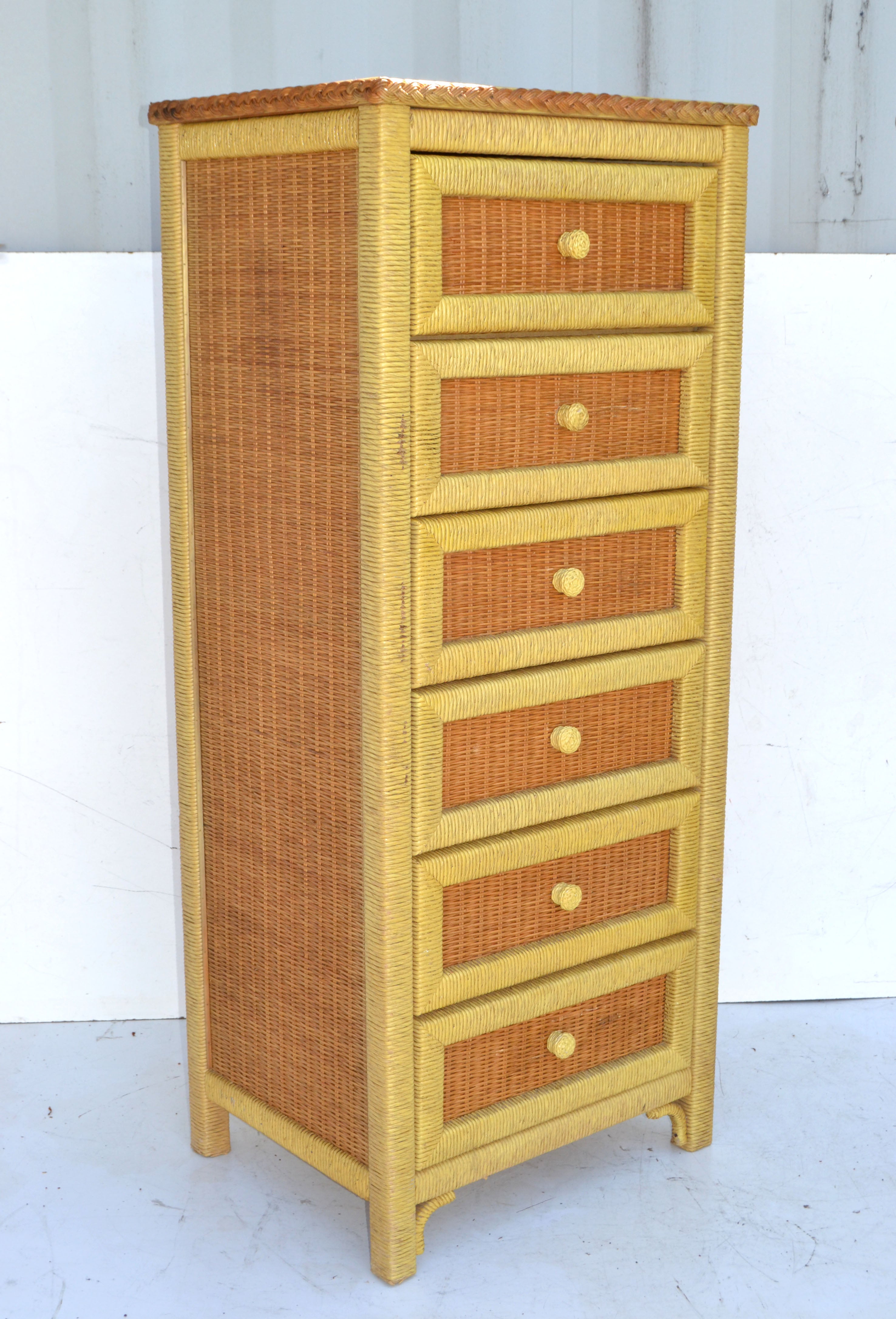 American Mid-Century Modern Wicker by Henry Link handcrafted Bachelor's Chest, Commode, Chest of 6 Drawers, Highboy made out of Bentwood Wicker, and hand woven cane. 
All original 1980s condition with some minor scuffs & breaks due to age and
