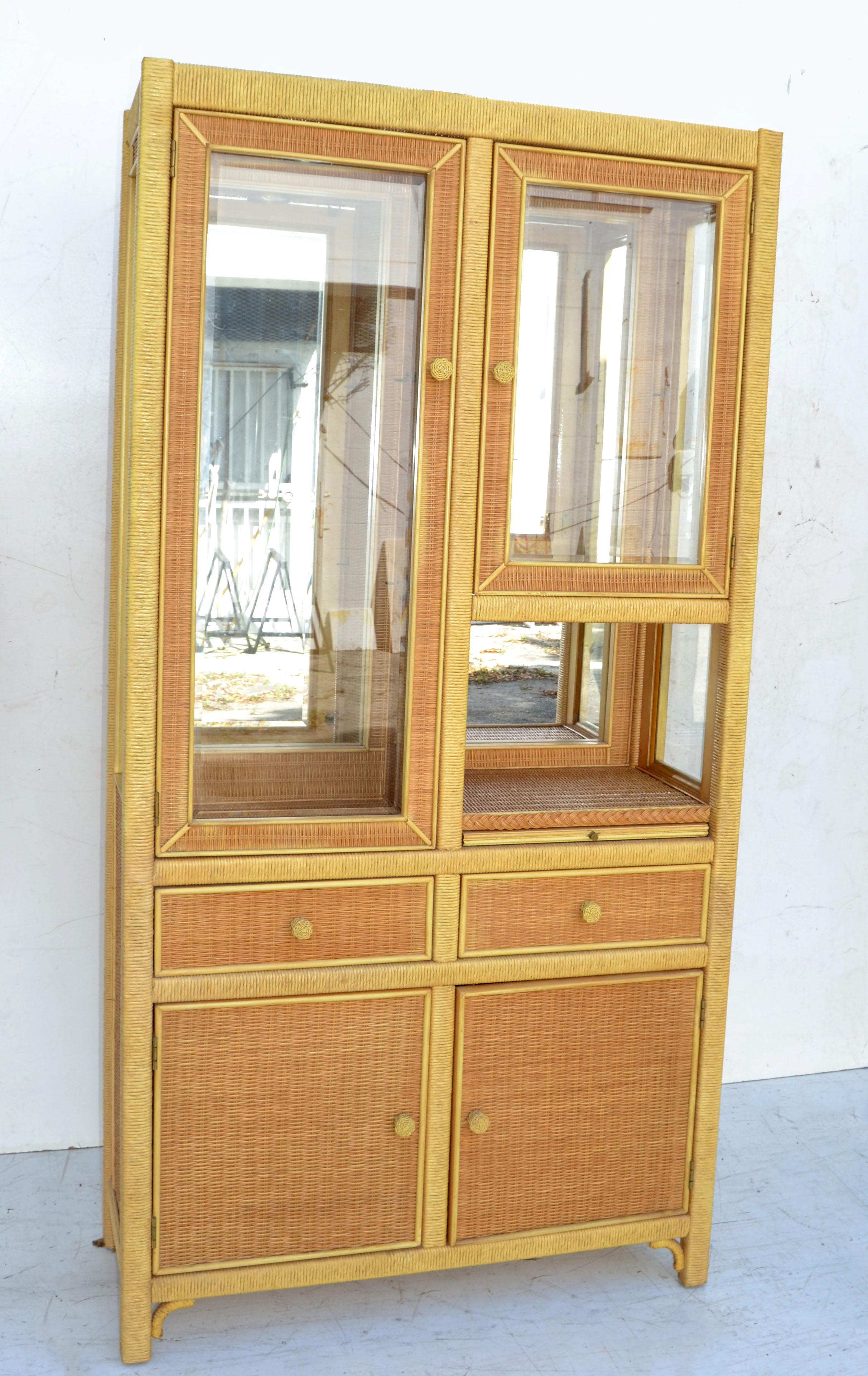 American Wicker by Henry Link Cupboard, China Cabinet, Display Show Case Bohemian 1980