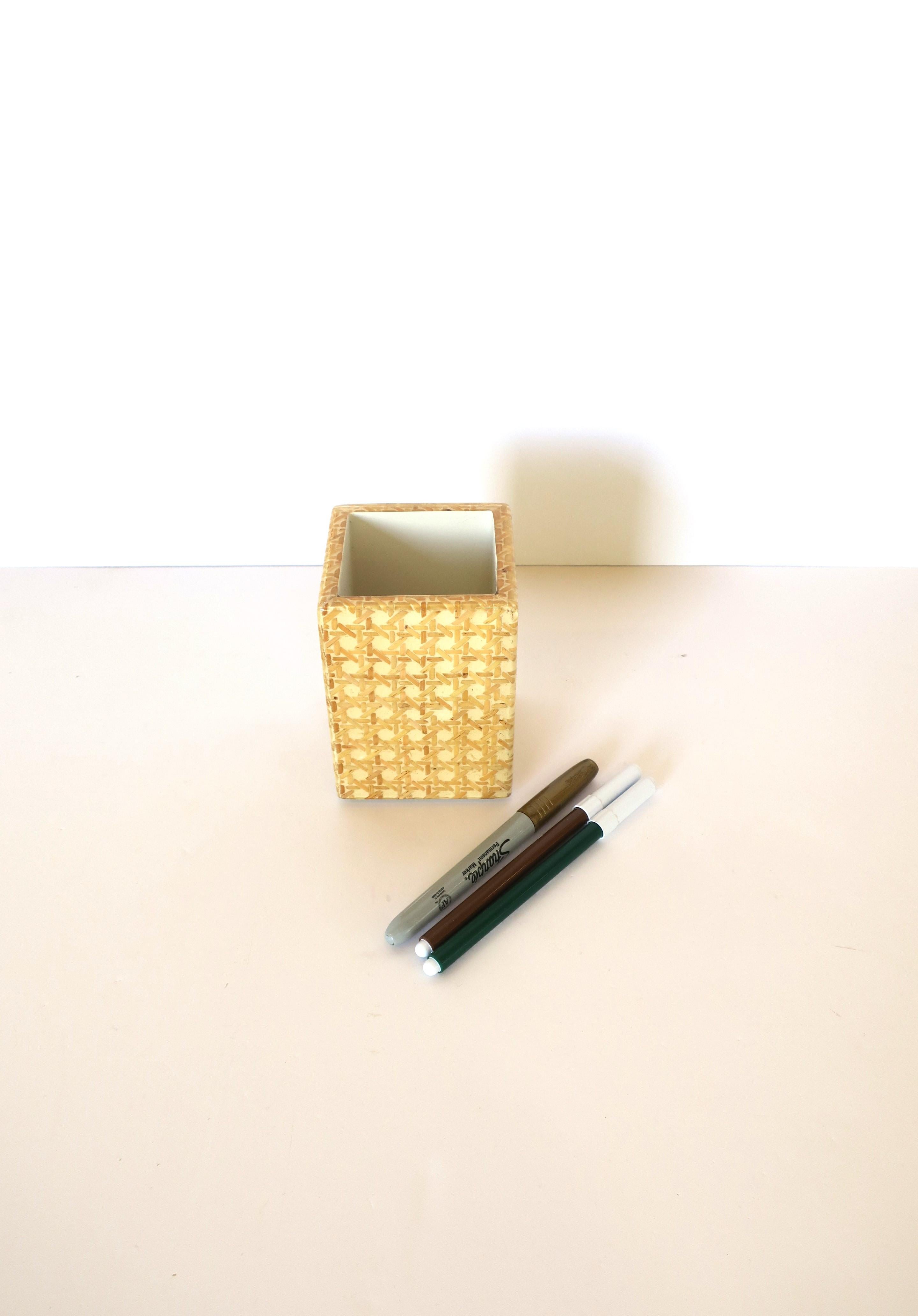 Wicker Cane Bathroom Vanity Brush or Pen Desk Accessory Holder In Excellent Condition For Sale In New York, NY