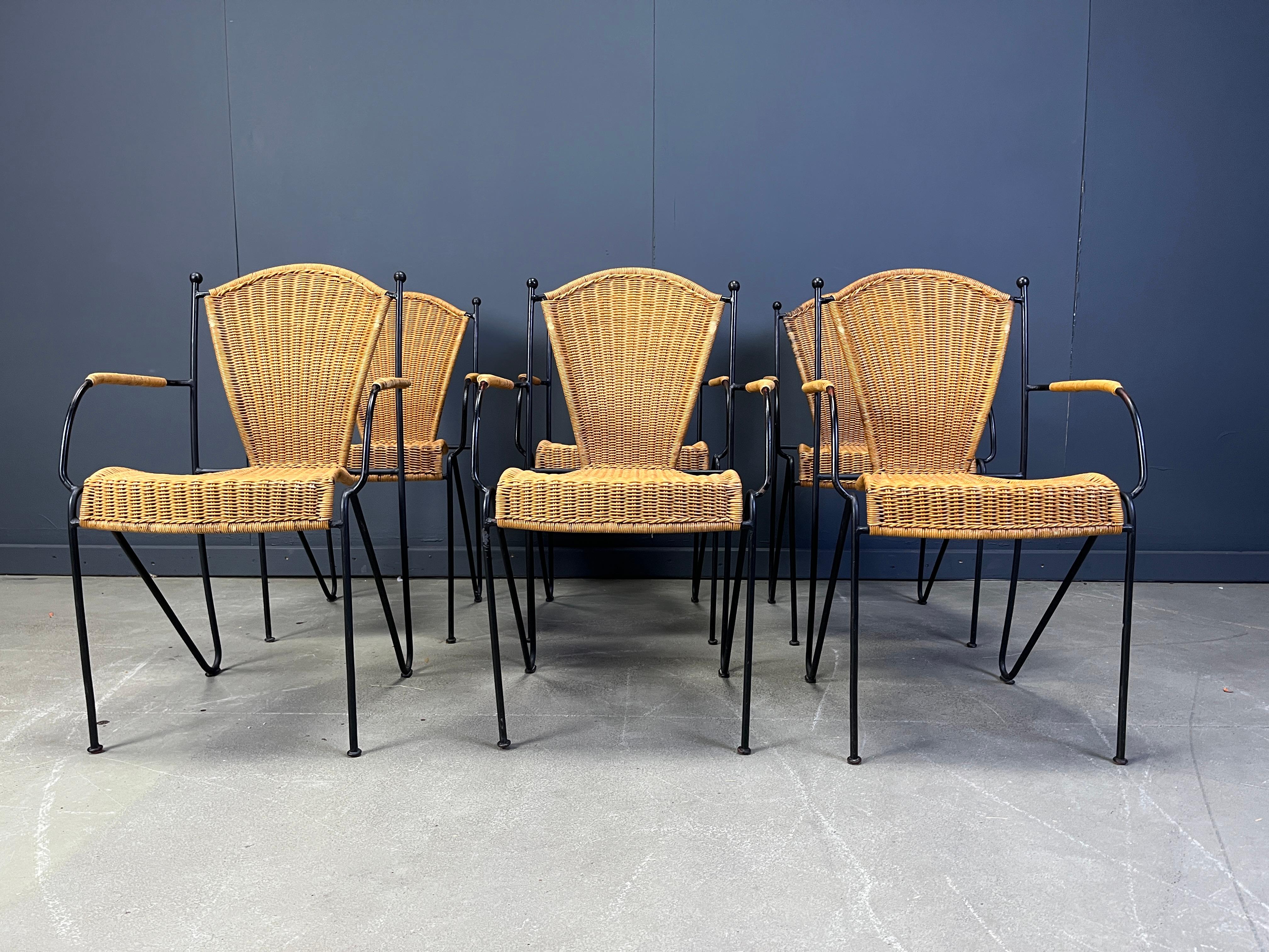 French Wicker Chairs by Frederick Weinberg, 1960s, Set of 6 For Sale