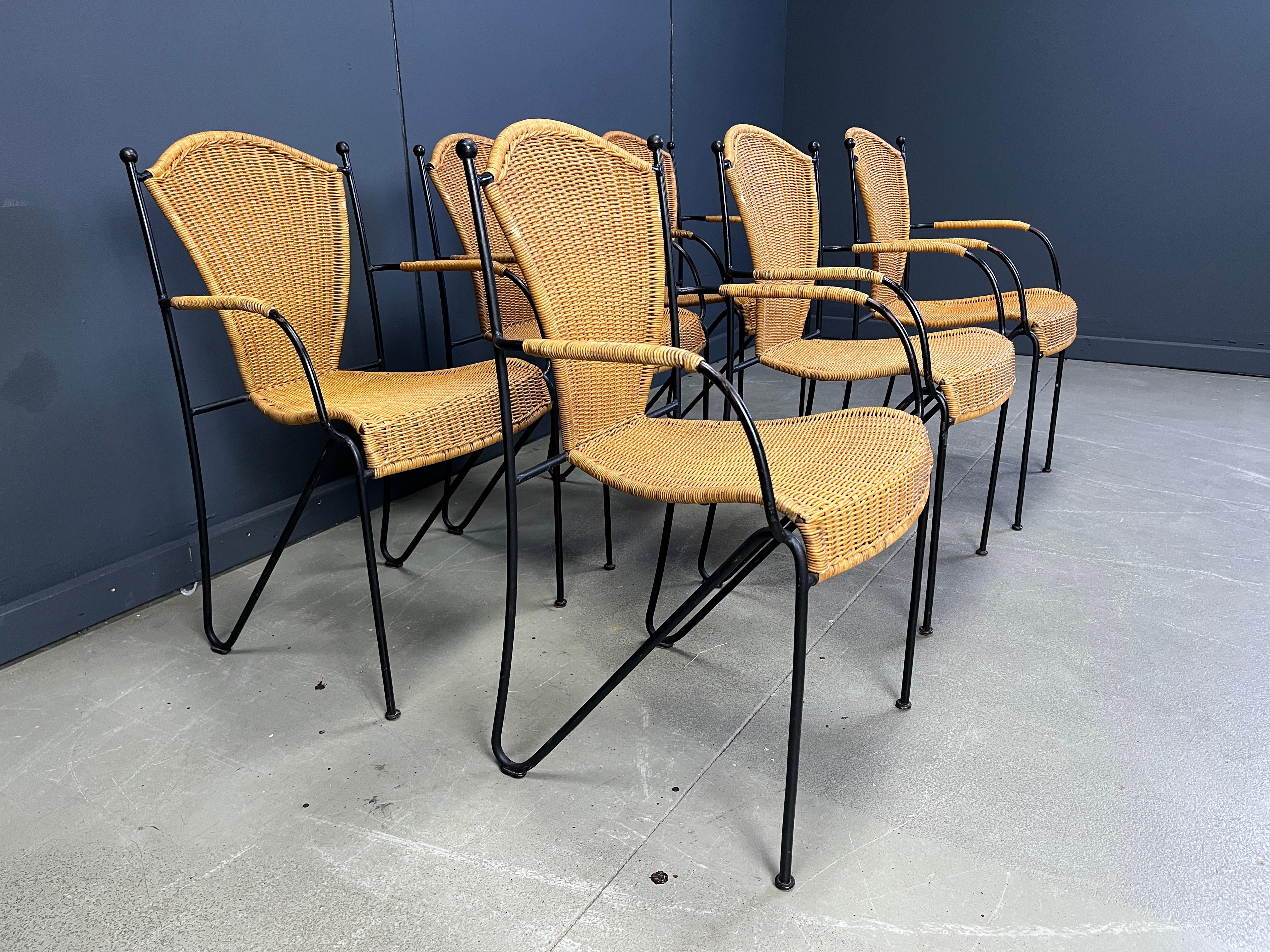 Mid-20th Century Wicker Chairs by Frederick Weinberg, 1960s, Set of 6 For Sale