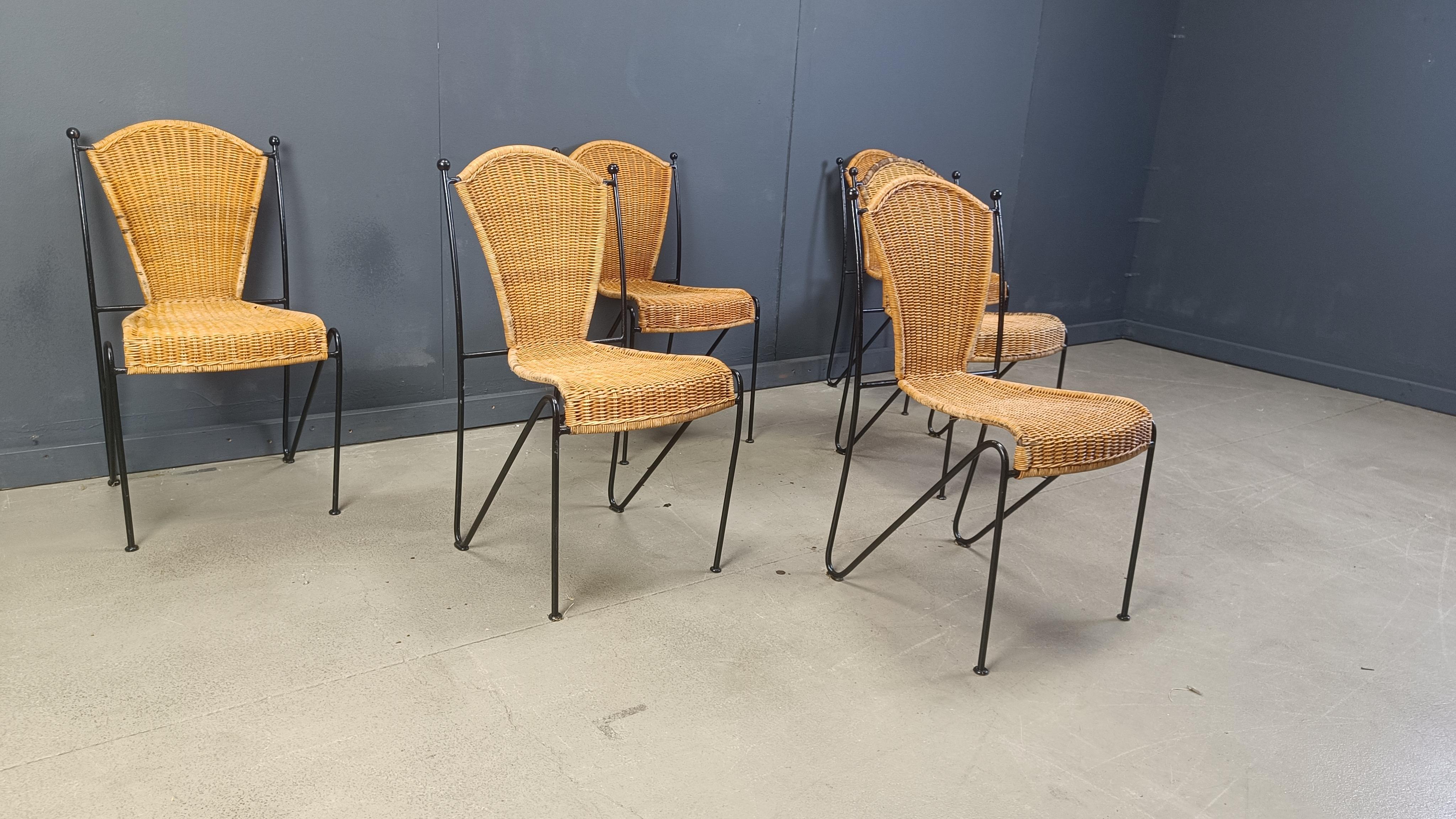 Metal Wicker Chairs by Frederick Weinberg, 1960s, Set of 6 For Sale