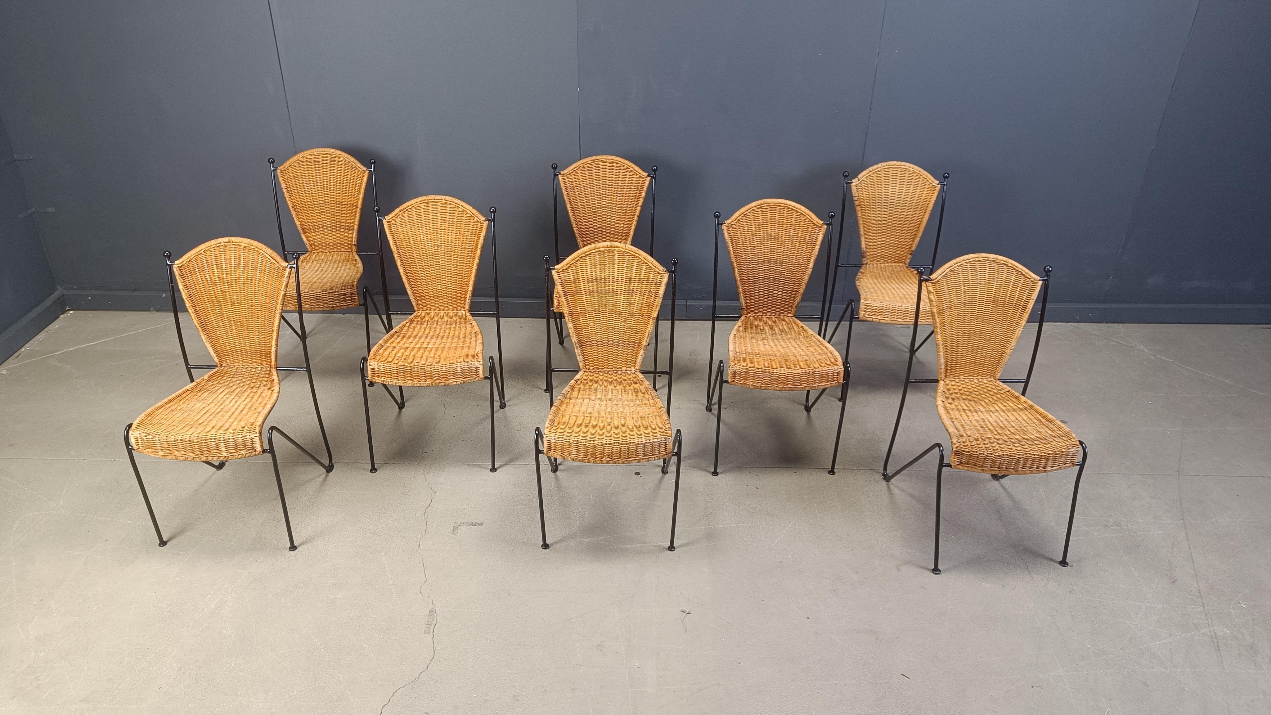 French Wicker Chairs by Frederick Weinberg, 1960s, Set of 8 For Sale