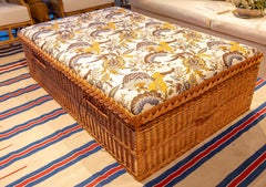 Mesa baja de mimbre con tapicería floral clásica y amplio espacio de almacenamiento