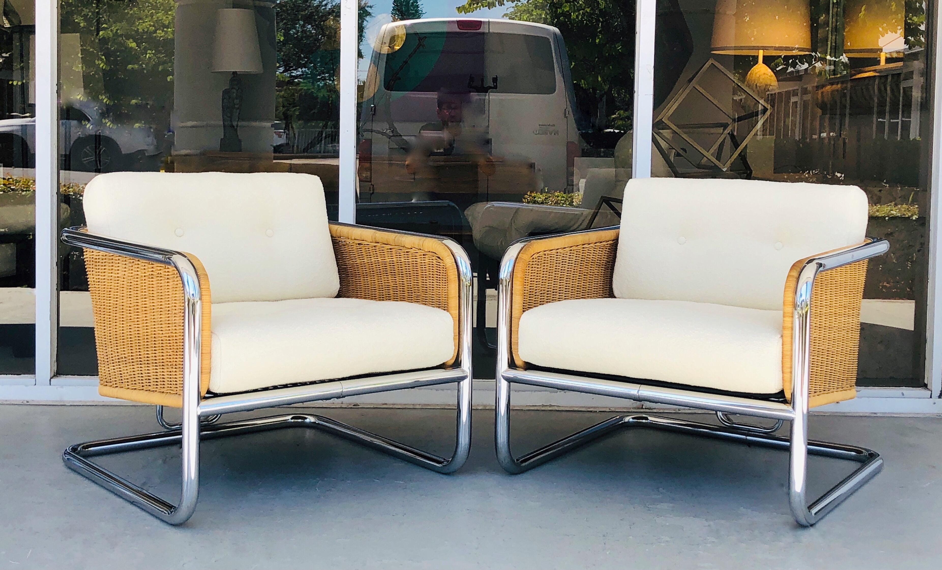 Wicker, Chrome and Boucle Lounge Club Chairs by Martin Visser, 1970s 5