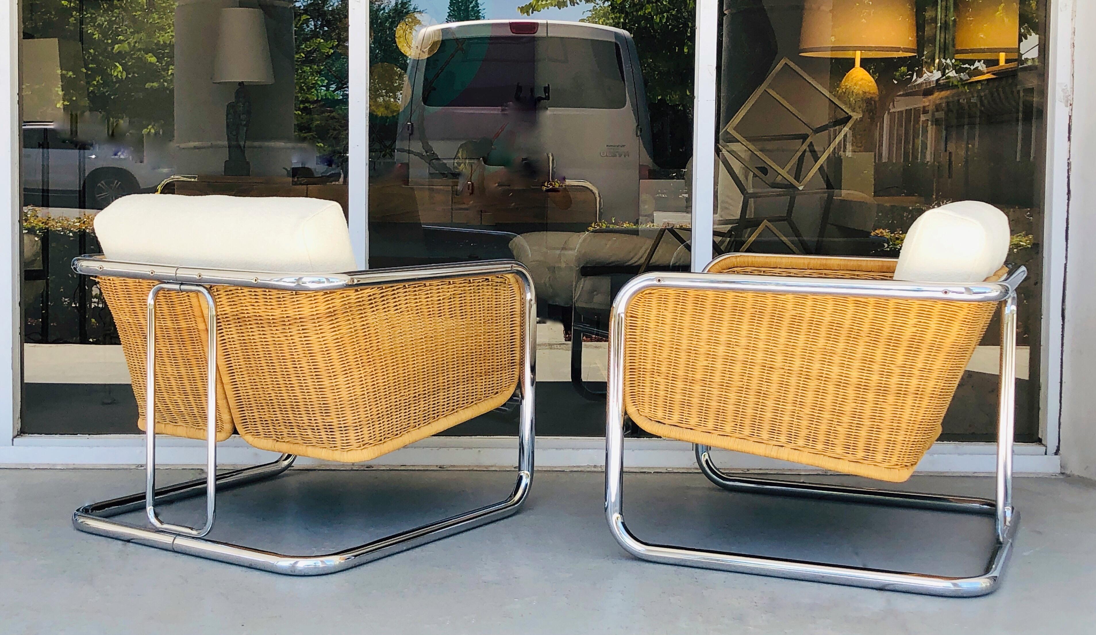 Late 20th Century Wicker, Chrome and Boucle Lounge Club Chairs by Martin Visser, 1970s