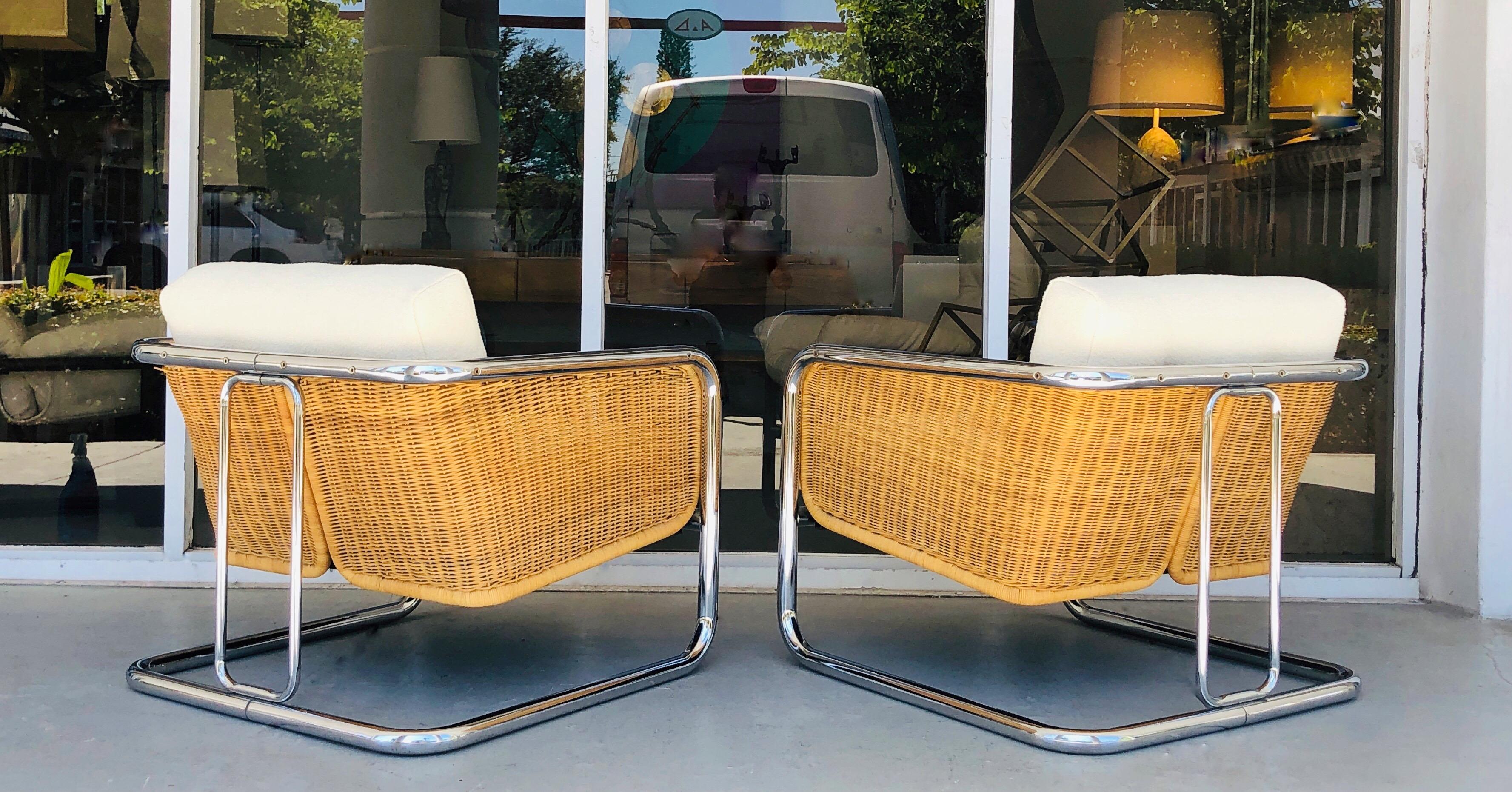 Wicker, Chrome and Boucle Lounge Club Chairs by Martin Visser, 1970s 1