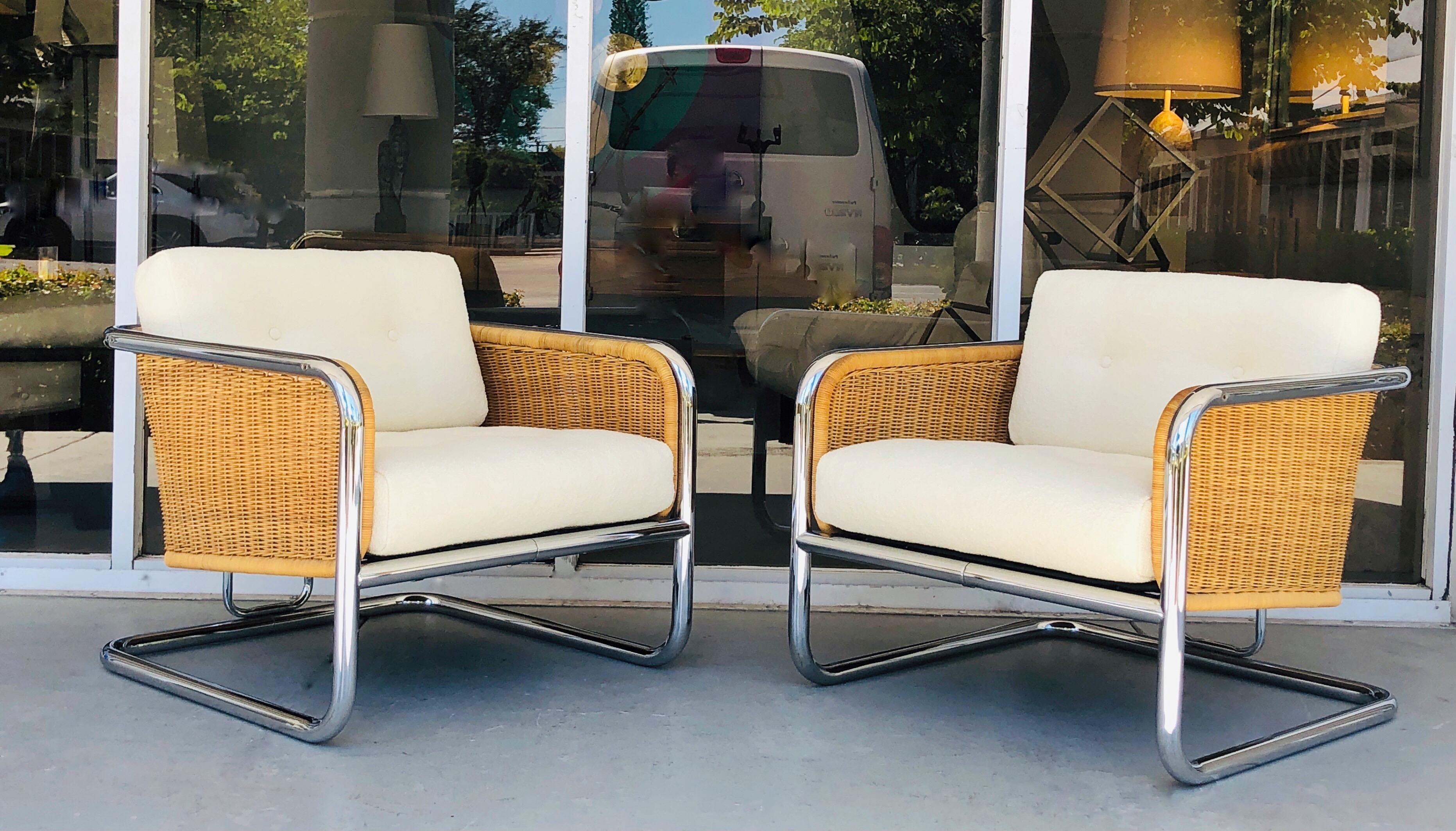 Wicker, Chrome and Boucle Lounge Club Chairs by Martin Visser, 1970s 2