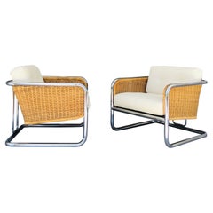 Fauteuils club lounge en osier:: chrome et bouclette de Martin Visser:: 1970
