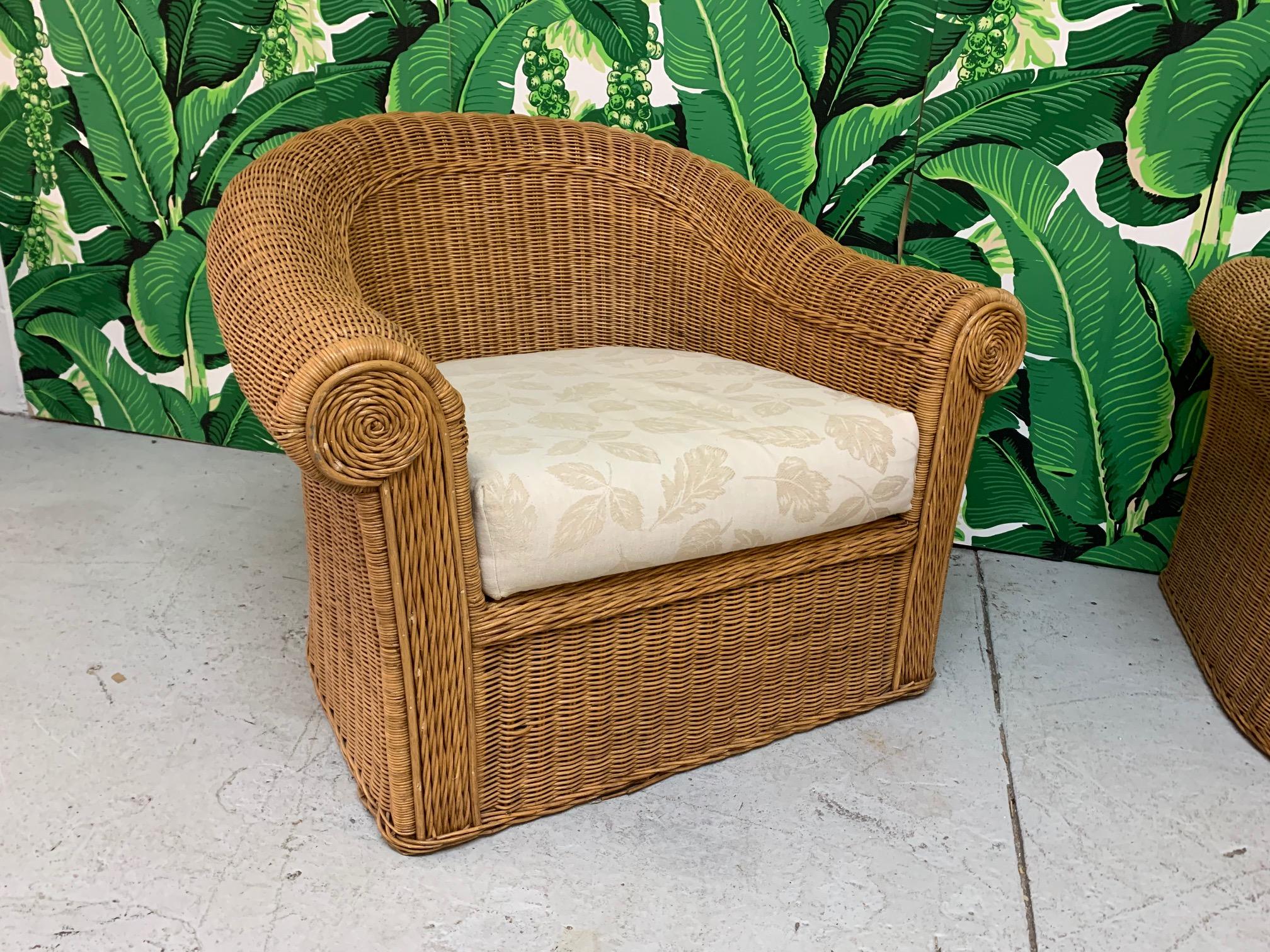 Hollywood Regency Wicker Club Chairs in the Style of Michael Taylor, a Pair