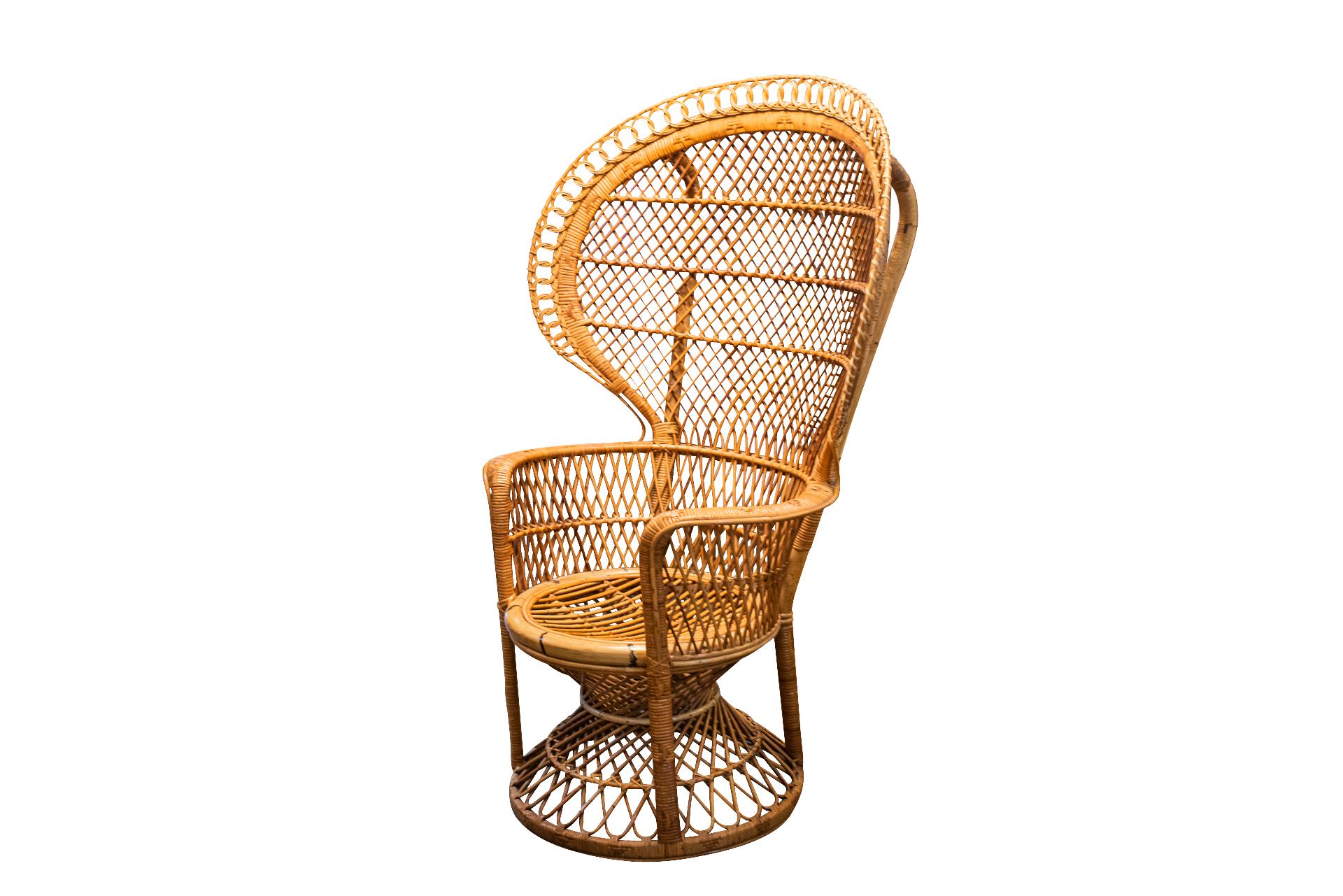 Wicker cobra armchair,
Production Fuori,
Italy, circa 1980.

Measures: Width 98 cm, height 144 cm, depth 75 cm, seat height 45 cm.
