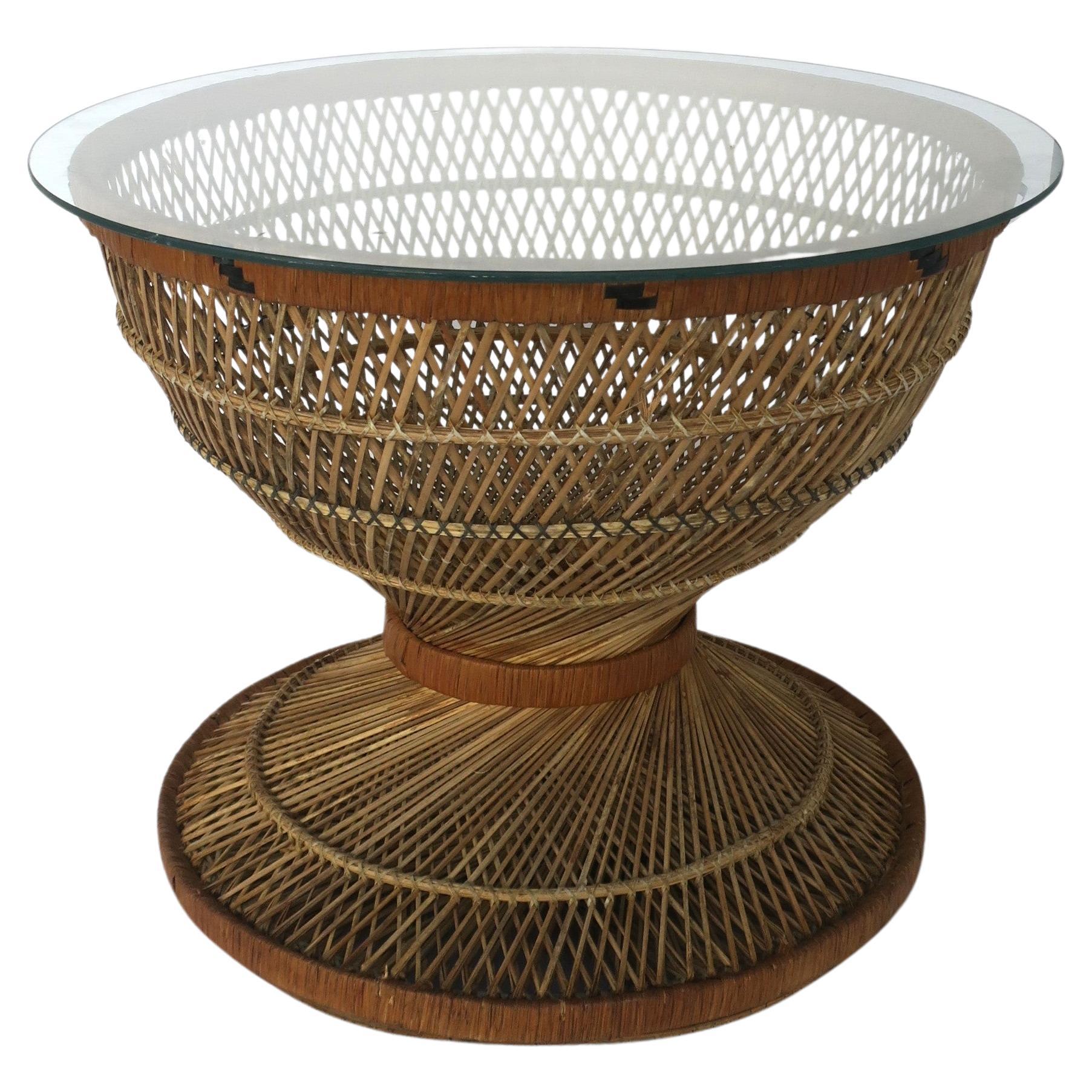 Wicker Side or Cocktail Table in the Emmanuelle Peacock Style  For Sale