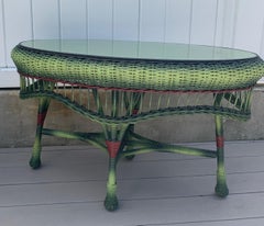Wicker Coffee Table Glass Topped in French Green Finish with Black and Red Trim