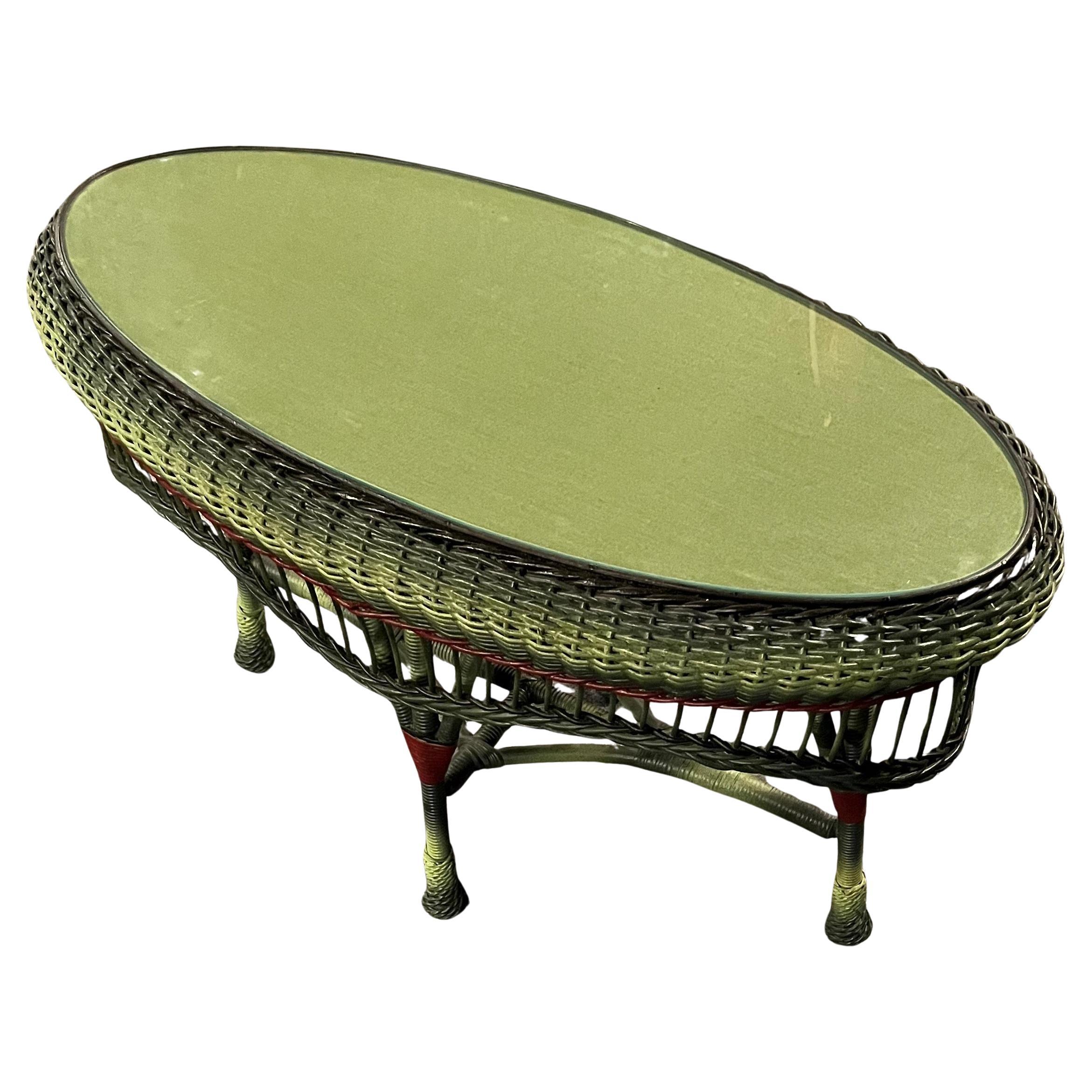 Wicker Coffee Table Glass Topped in French Green Finish with Black and Red Trim For Sale