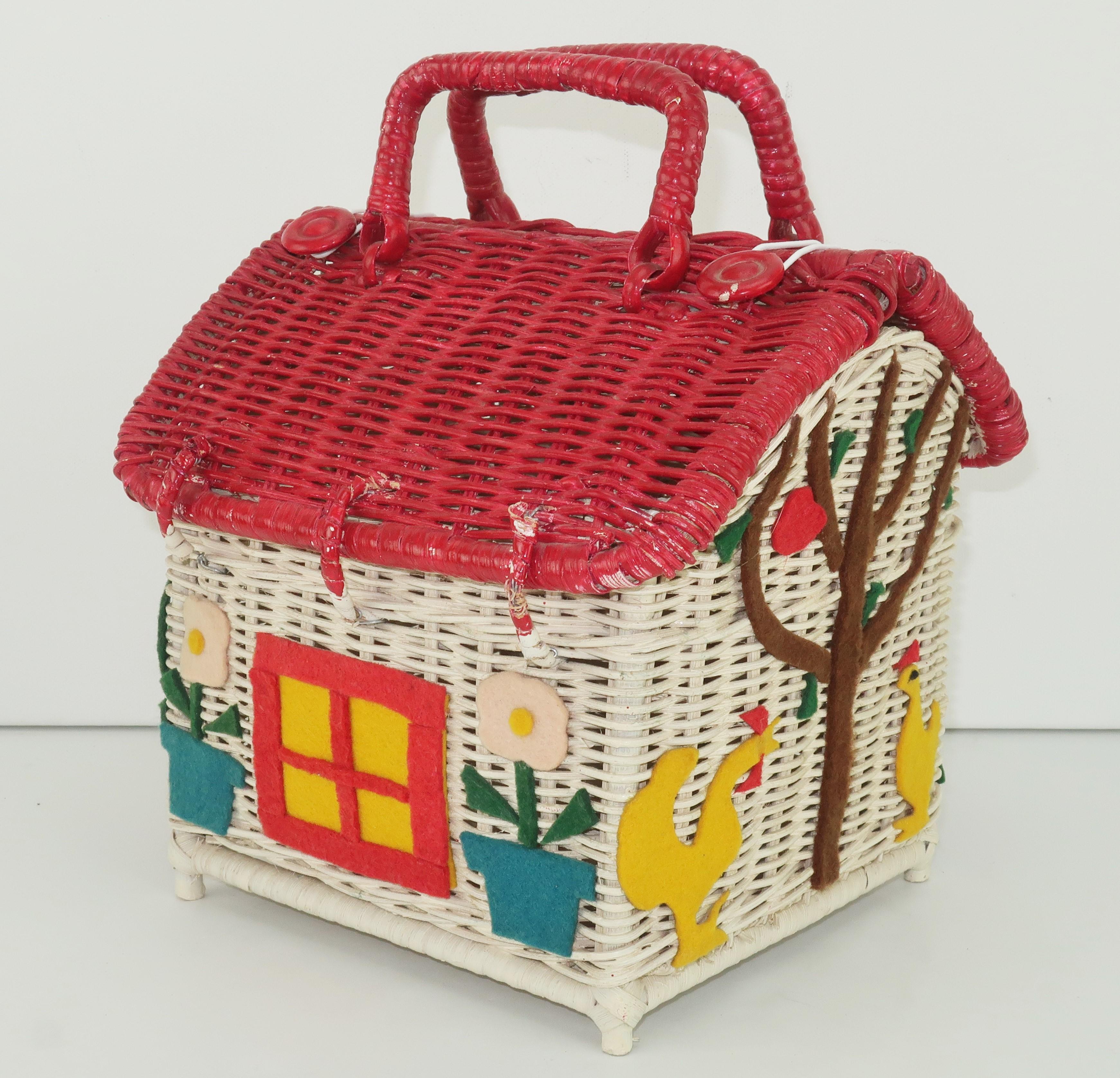 Brown Wicker Cottage House Novelty Basket Handbag, 1950's